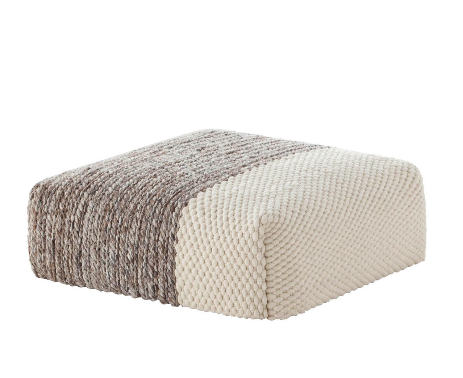 Quadratischer Mangas Space Pouf Hocker in Beige und Braun, gestrickt und gemütlich.