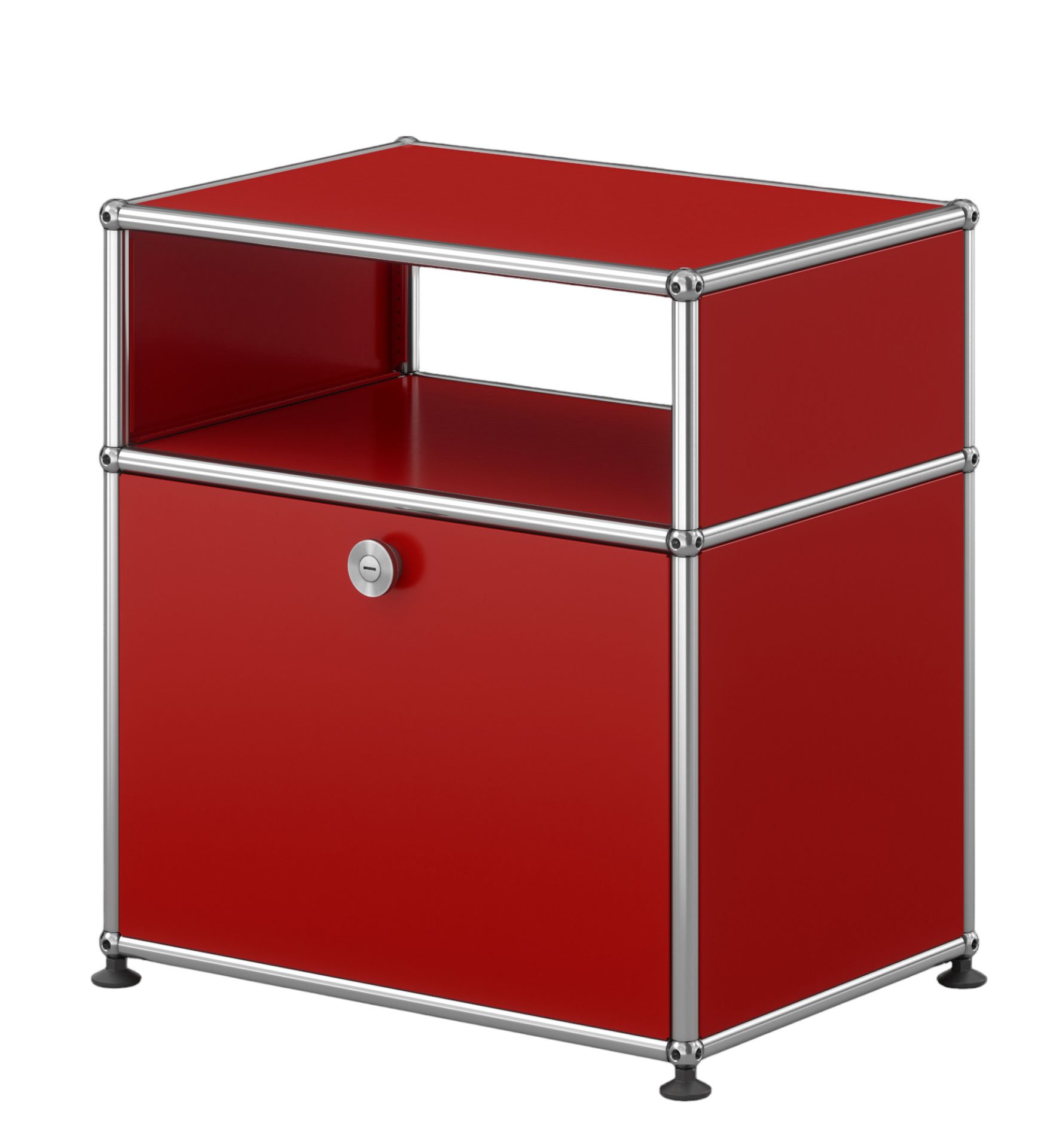 USM Haller Table de nuit avec Porte rabattable Rouge USM Haller Nachttisch Rubinrot mit Klapptür, modernes modulares Möbeldesign für Schlafzimmer und Wohnbereich.