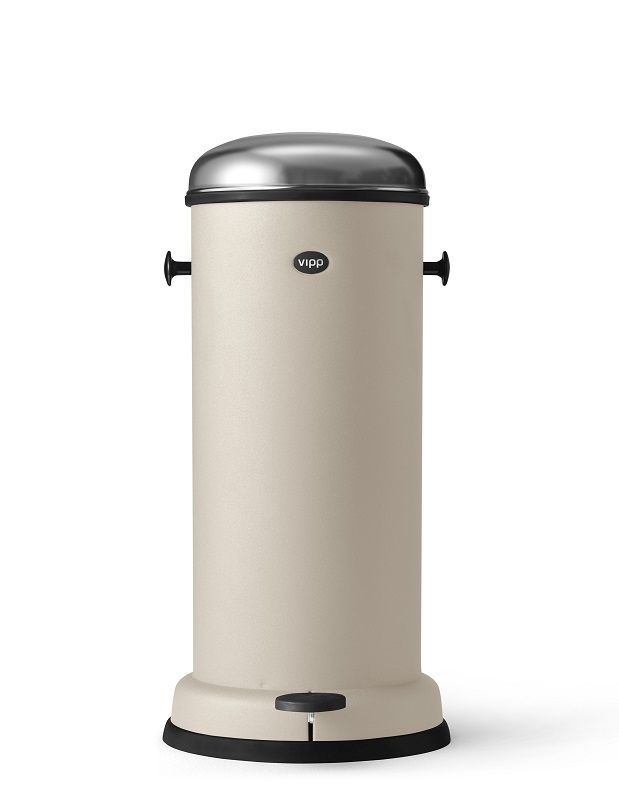 Beiger Vipp Treteimer 18L mit Edelstahl-Deckel und schwarzem Pedal, freistehend für Badezimmer oder Küche.