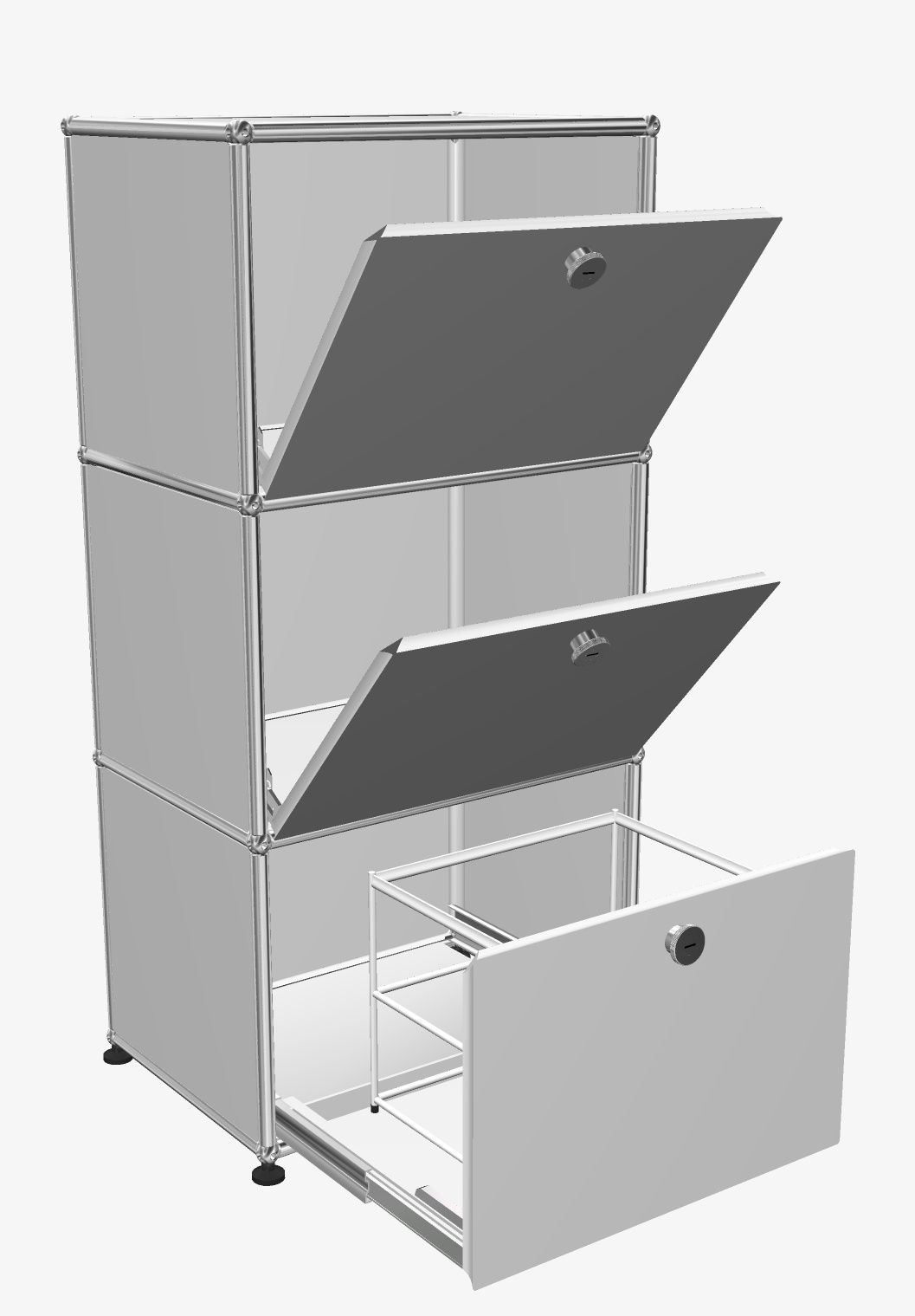Buffet haut USM Haller avec 2 portes à charnières en haut/au milieu et 1 porte coulissante avec rangement suspendu en bas  blanc pur modèle d'exposition/meuble d'occasion 