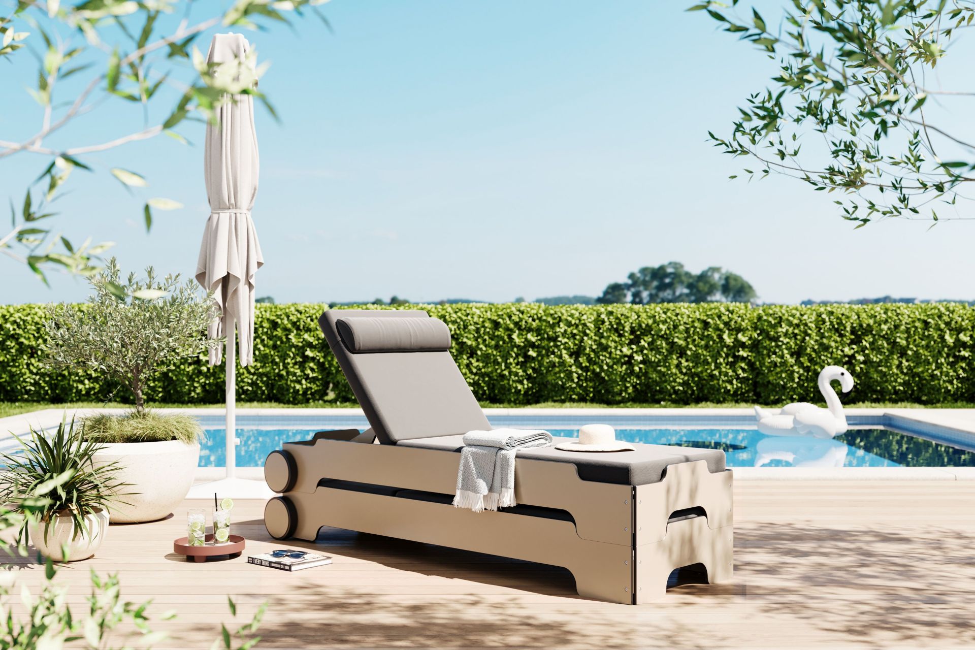 Chaise longue empilable Solara avec roues et coussin Outdoor Müller Möbelwerkstätten