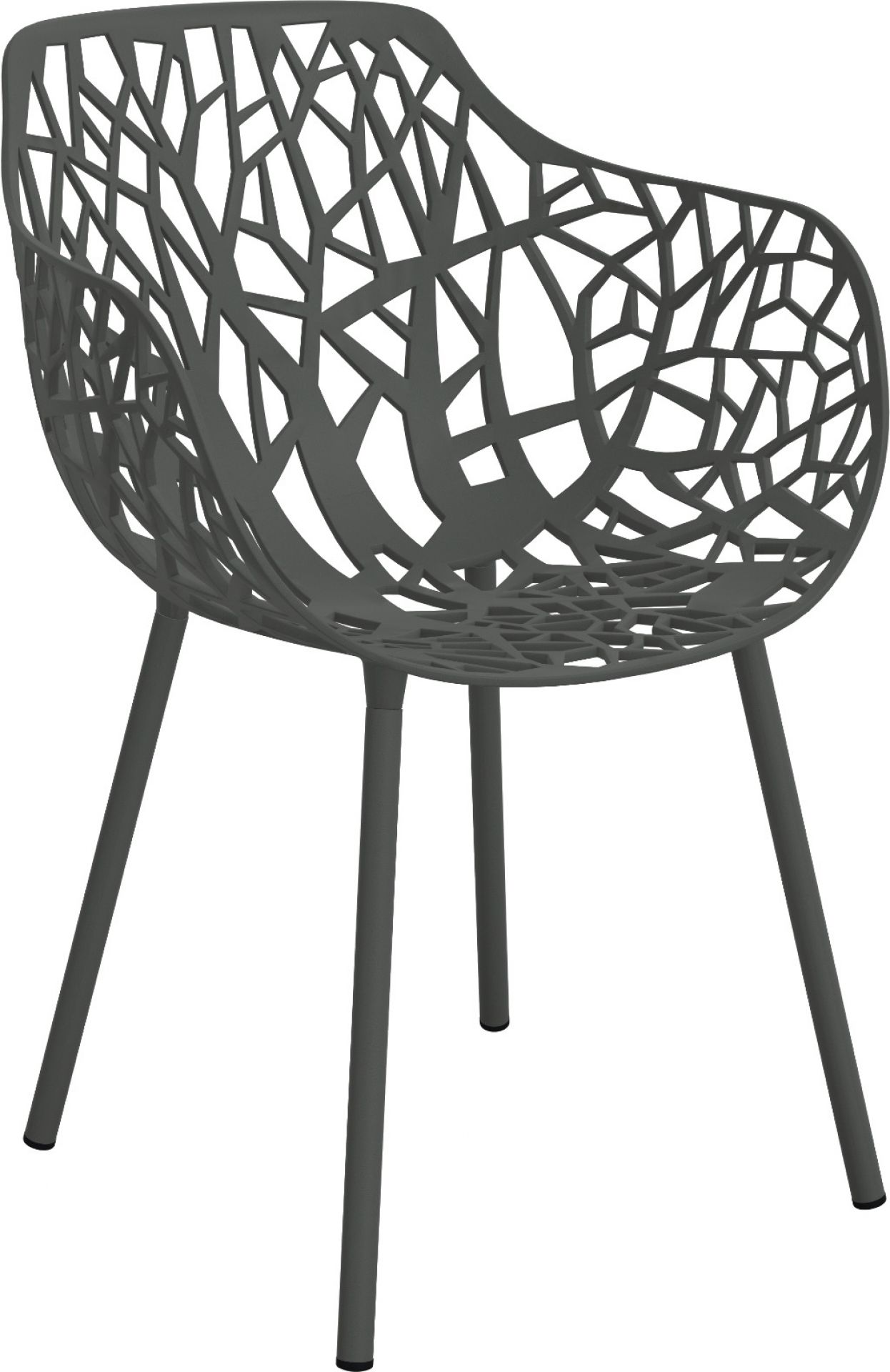 Grauer Forest Outdoor Sessel mit filigranem Design und vier Beinen für Garten und Terrasse.