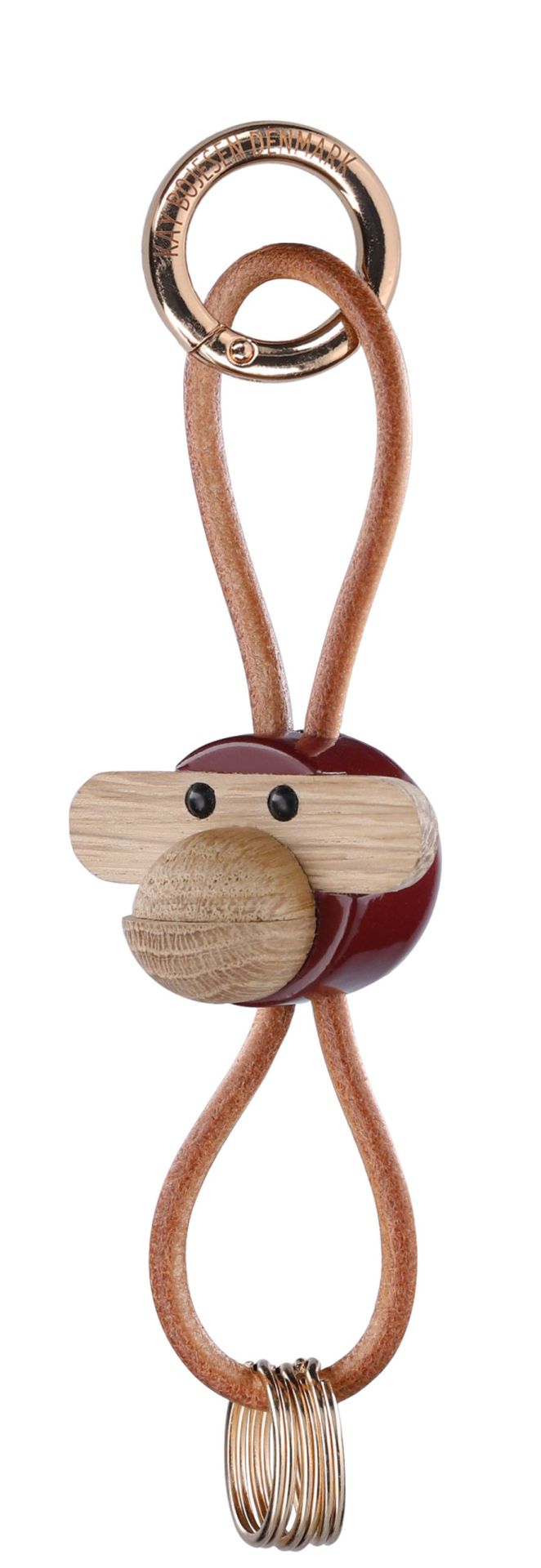 Porte-clés Monkey Bordeaux métal doré et cuir naturel Kay Bojesen