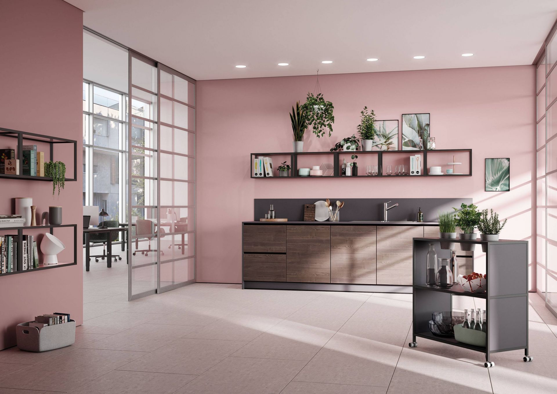 P4 Regal mit 3 Fächern von Palmberg: Schwarzes Metallregal auf Rollen, ideal für Büro und Küche.