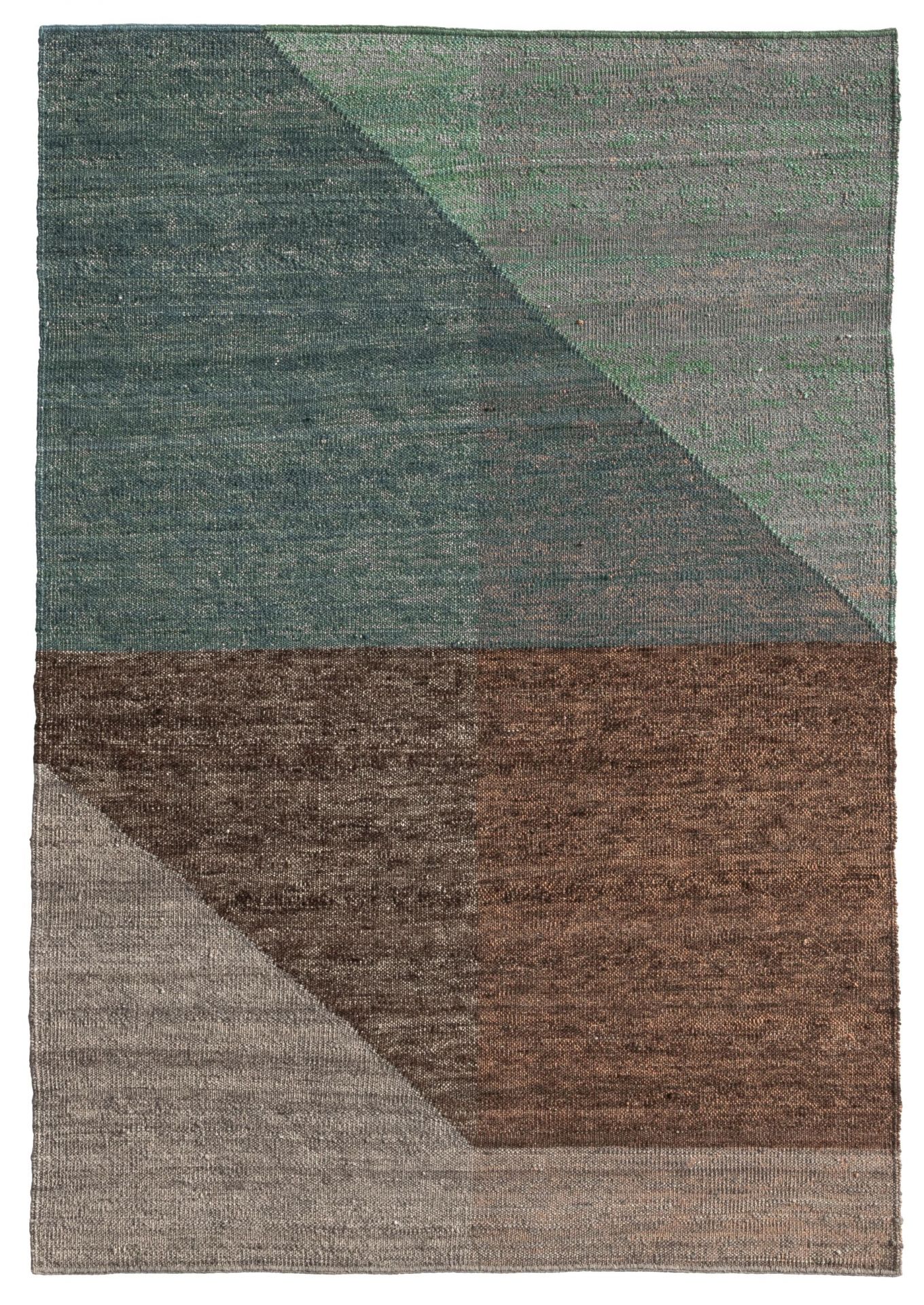 Capas 2 Teppich von Nanimarquina, 170x240 cm. Moderner Teppich mit geometrischem Muster in Grün- und Brauntönen.