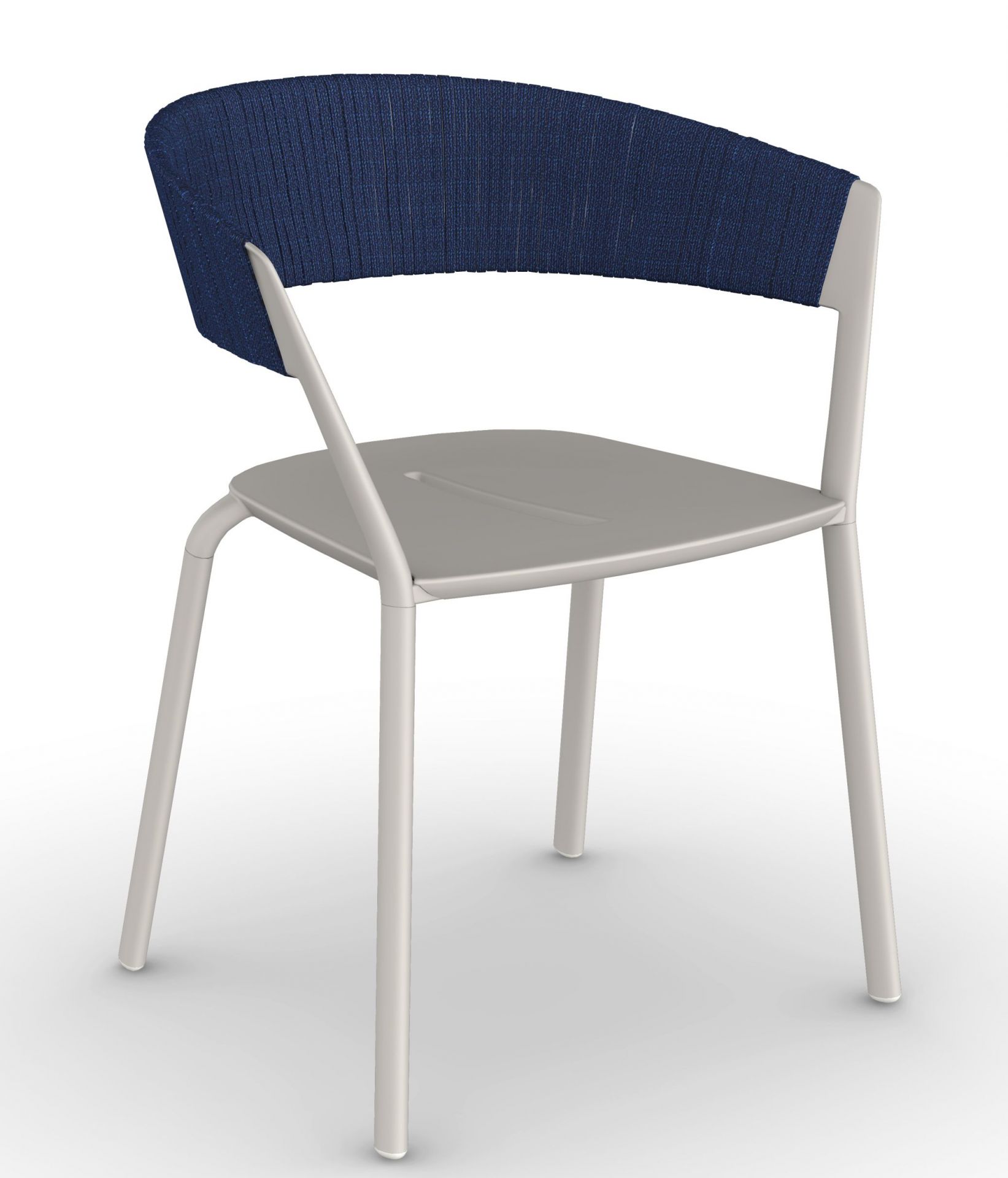 Ria Stuhl mit blauem Stoffbezug und grauem Metallgestell, modernes Design für Esszimmer und Büro.