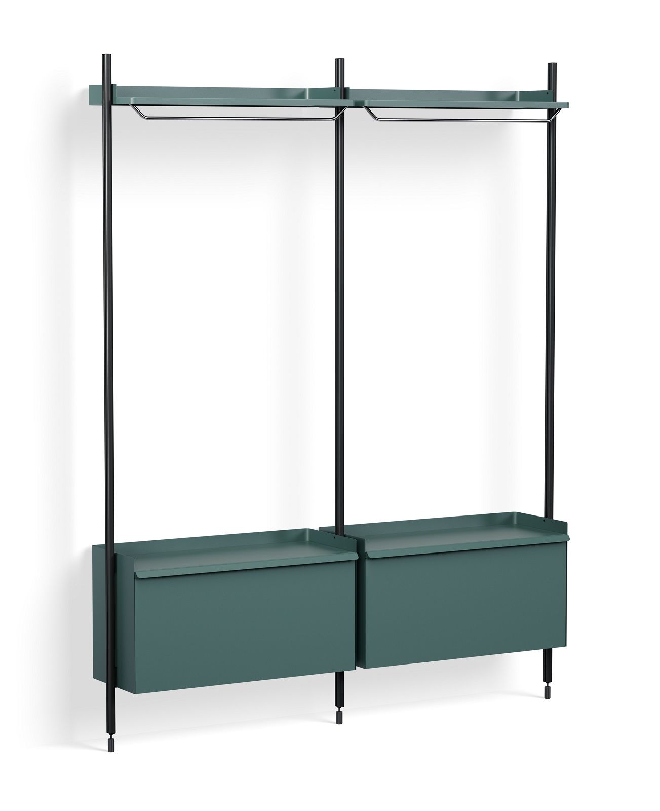 Hay Pier System Regal mit zwei Säulen in Stahlblau und Schwarz, Garderobenlösung für Flur.