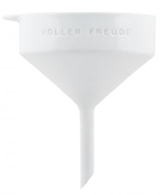 Weißer Dining Trichter "Voller Freude" für Küche und Haushalt, zum Umfüllen von Flüssigkeiten.