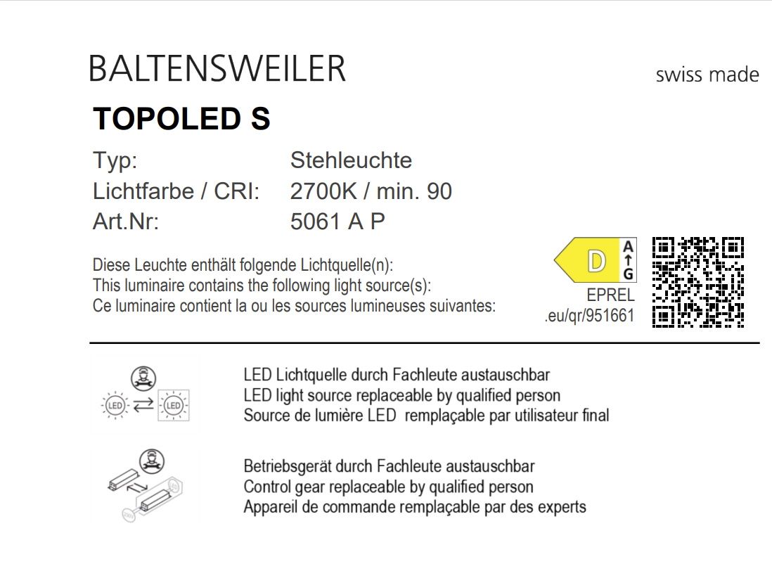 TOPOLED S Lampadaire Baltensweiler