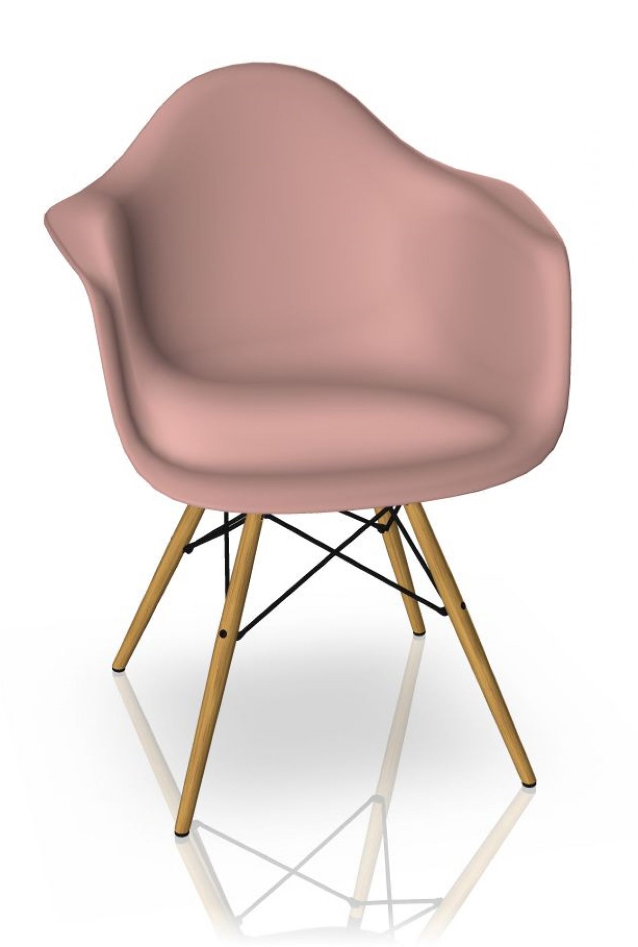 Eames Plastic Arm Chair DAW in Zartrosa mit Ahorn-Gestell, Designklassiker für Wohnzimmer und Büro.