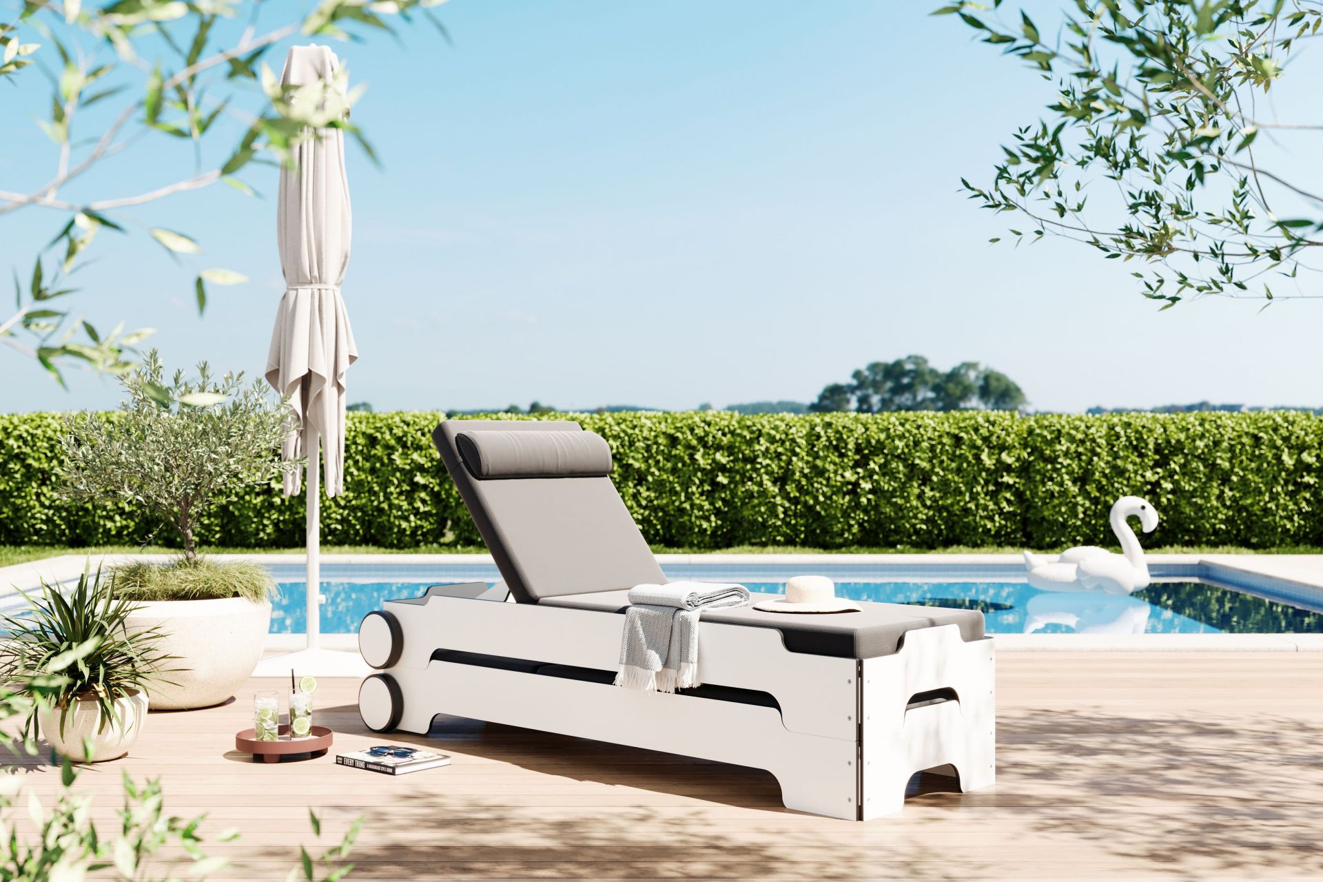 Chaise longue empilable Solara avec roues et coussin Outdoor Müller Möbelwerkstätten