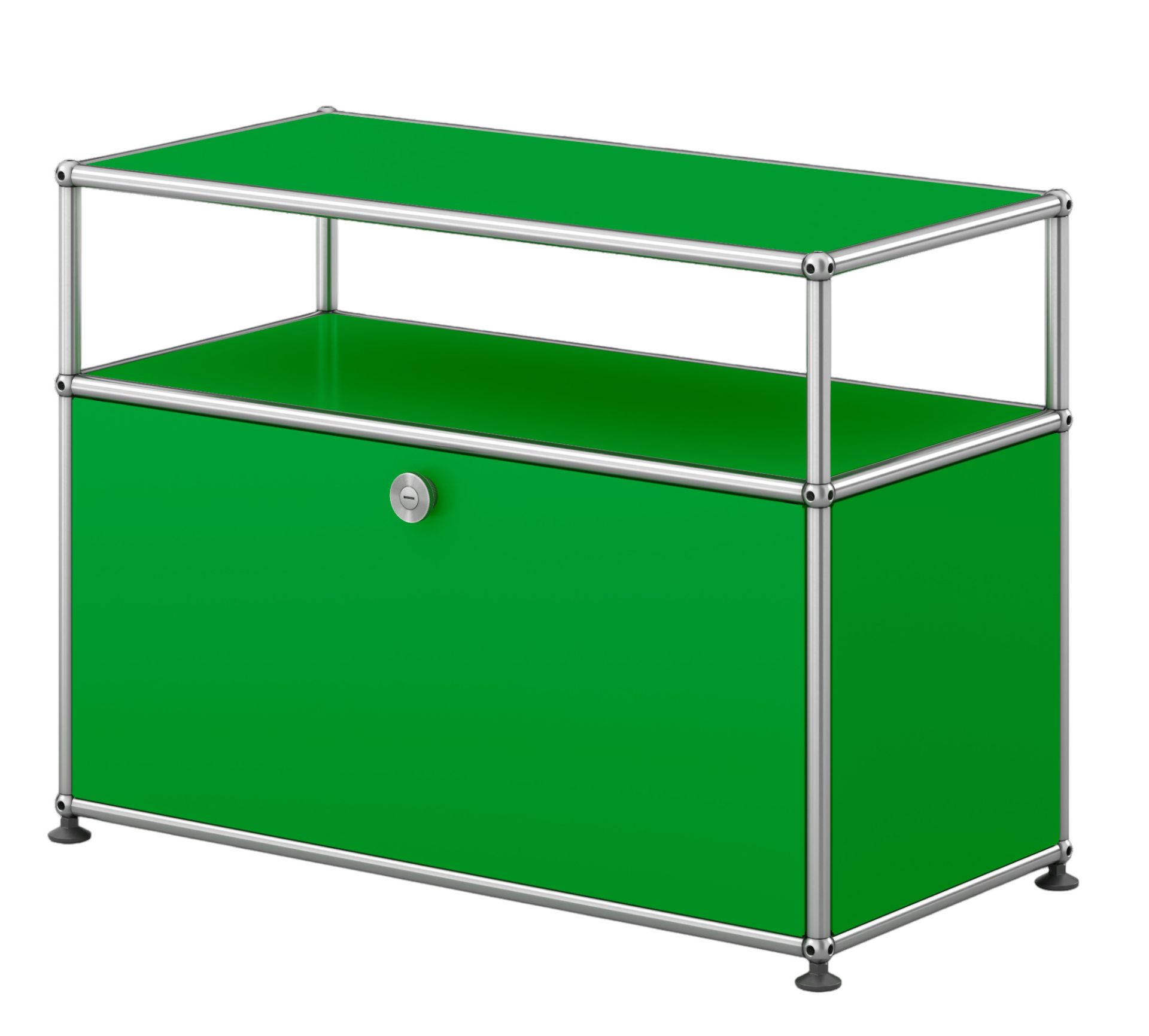 USM Haller Beistellmöbel in Grün mit einer Klappe und verchromtem Gestell, modernes Design.
