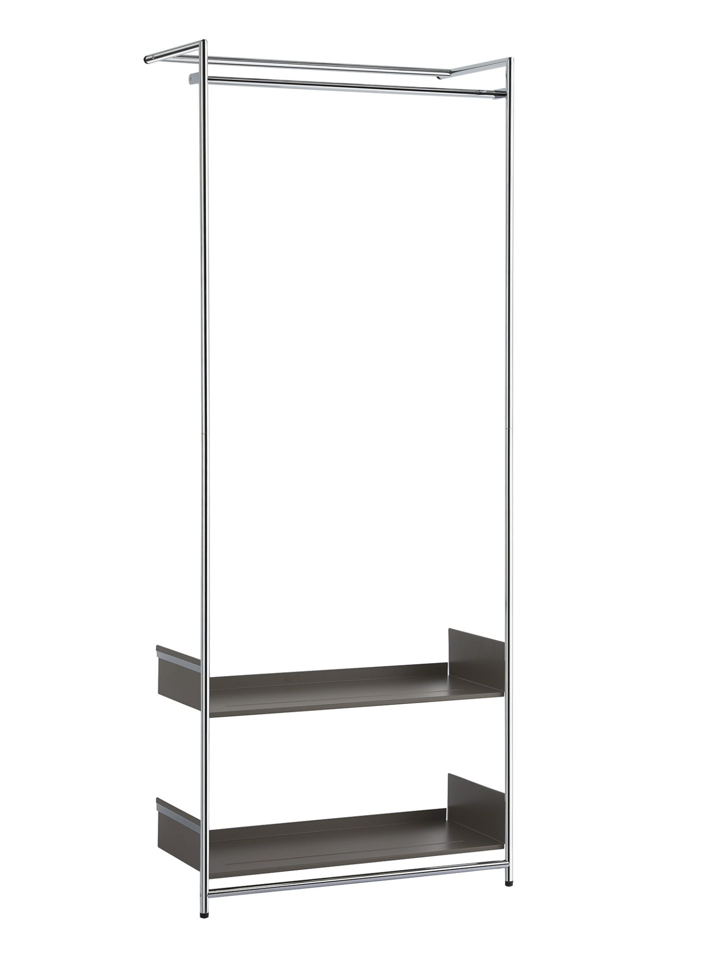 Comba Anlehngarderobe von Mox mit zwei Ablageflächen und einer Kleiderstange aus verchromtem Stahl.