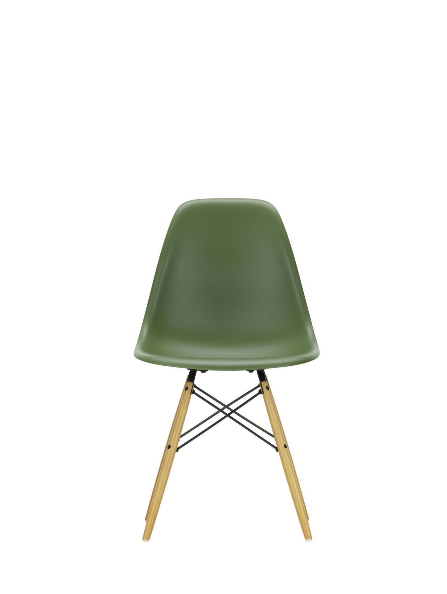 Eames Plastic Side Chair DSW: Grüner Stuhl mit Ahorn-Holzbeinen und schwarzer Metallverstrebung. Designklassiker.