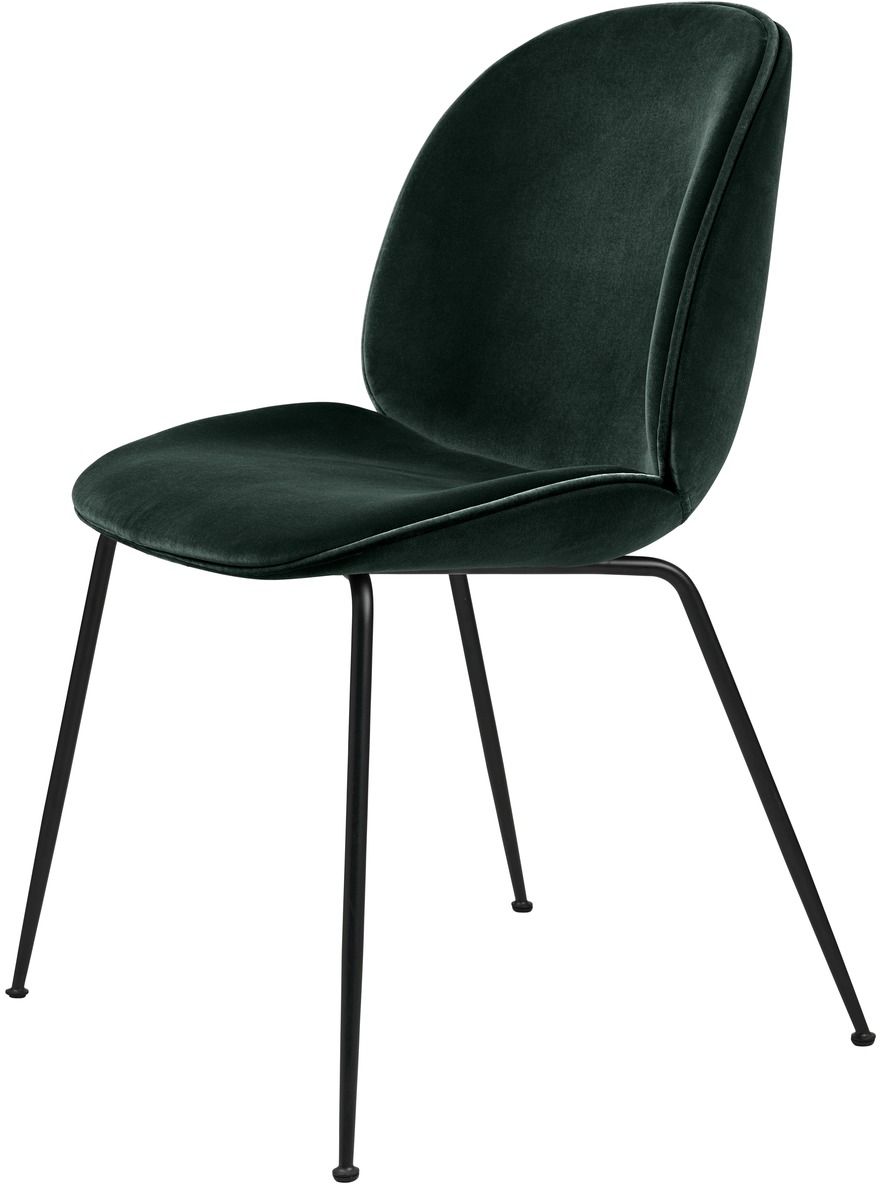 Beetle Chair Stuhl mit Samtbezug in Dunkelgrün und schwarzen Metallbeinen, Gubi Design.