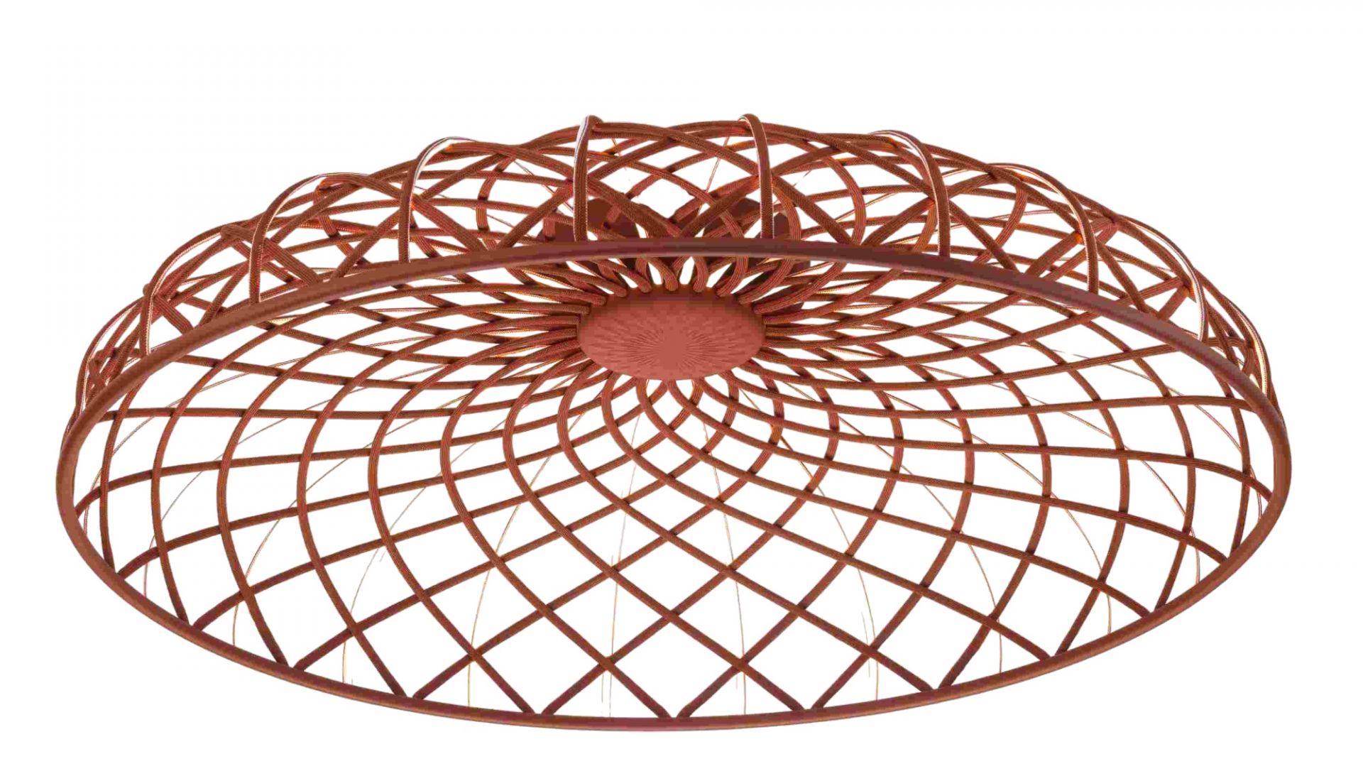 Skynest Deckenleuchte in Ziegelrot von Flos: Detailaufnahme des filigranen, gewebten Designs. Moderne Deckenbeleuchtung.