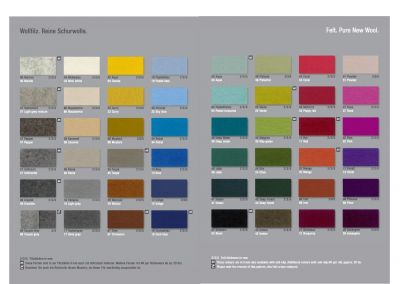 Hey Sign Stoffmusterkarte: Übersicht der Wollfilz Farben und Texturen für nachhaltige Wohnaccessoires.