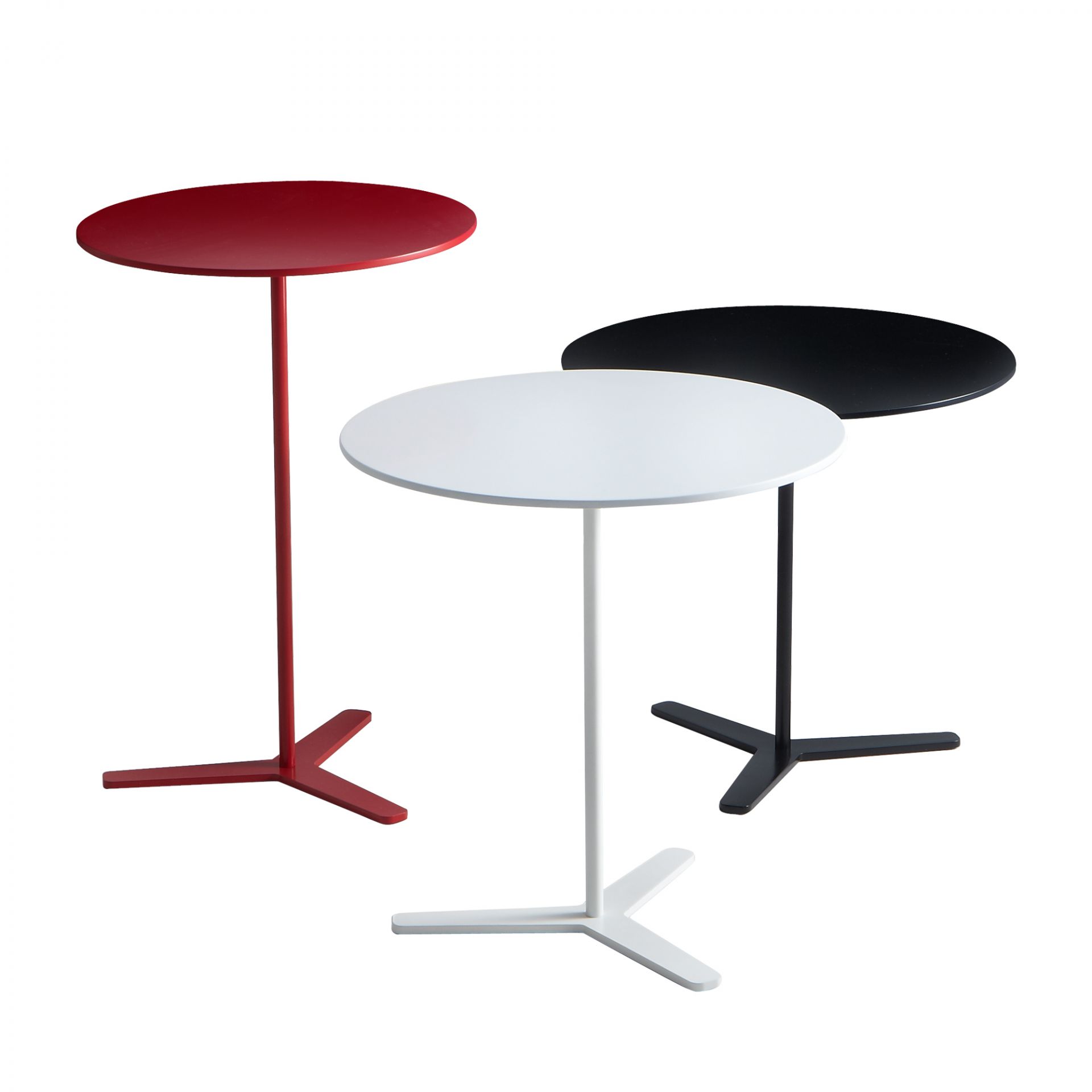 Tre Beistelltisch von Mox in Rot, Weiß und Schwarz auf weißem Hintergrund, modernes Möbeldesign.