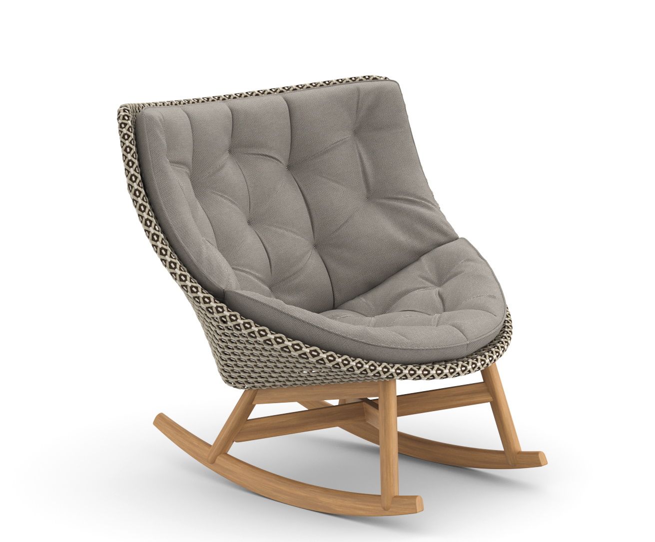 Mbrace Schaukelstuhl von Dedon mit grauer Polsterauflage und Holzgestell auf weißem Hintergrund.