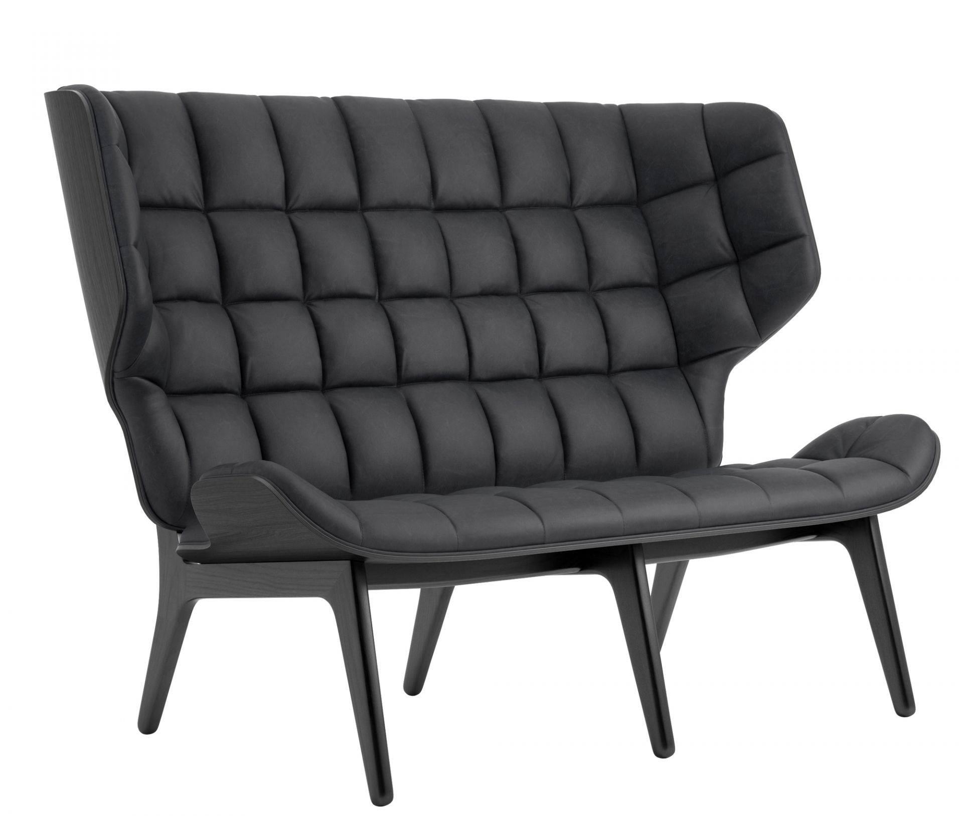 Mammoth Sofa mit schwarzem Eichengestell und anthrazitfarbenem Lederbezug. Designer Sofa für Wohnzimmer.