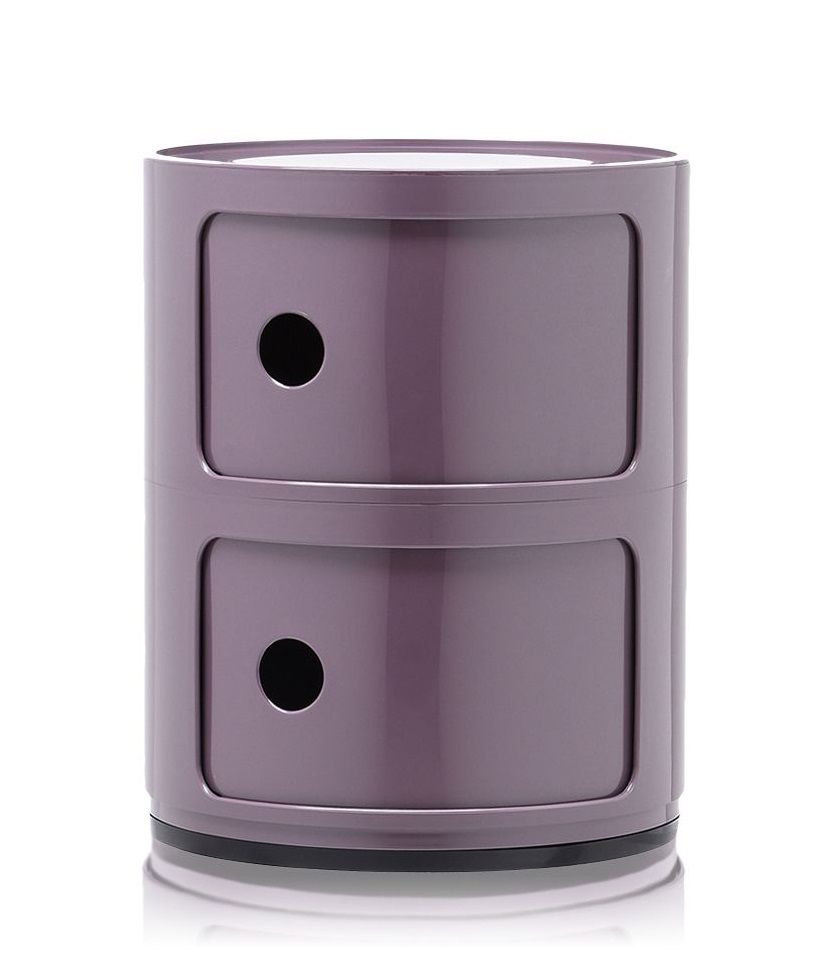 Lila Componibili 2er Element von Kartell, runder Nachttisch mit zwei Schubladen und schwarzen Griffen.