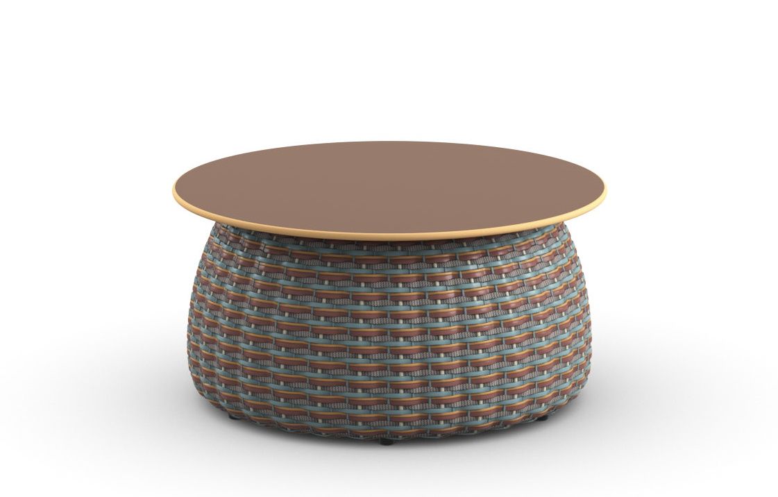 Porcini Table d'appoint Ø61cm Dedon Dedon Porcini Beistelltisch: Runder Outdoor-Tisch mit brauner Tischplatte und geflochtenem Korpus in Blau- und Brauntönen.