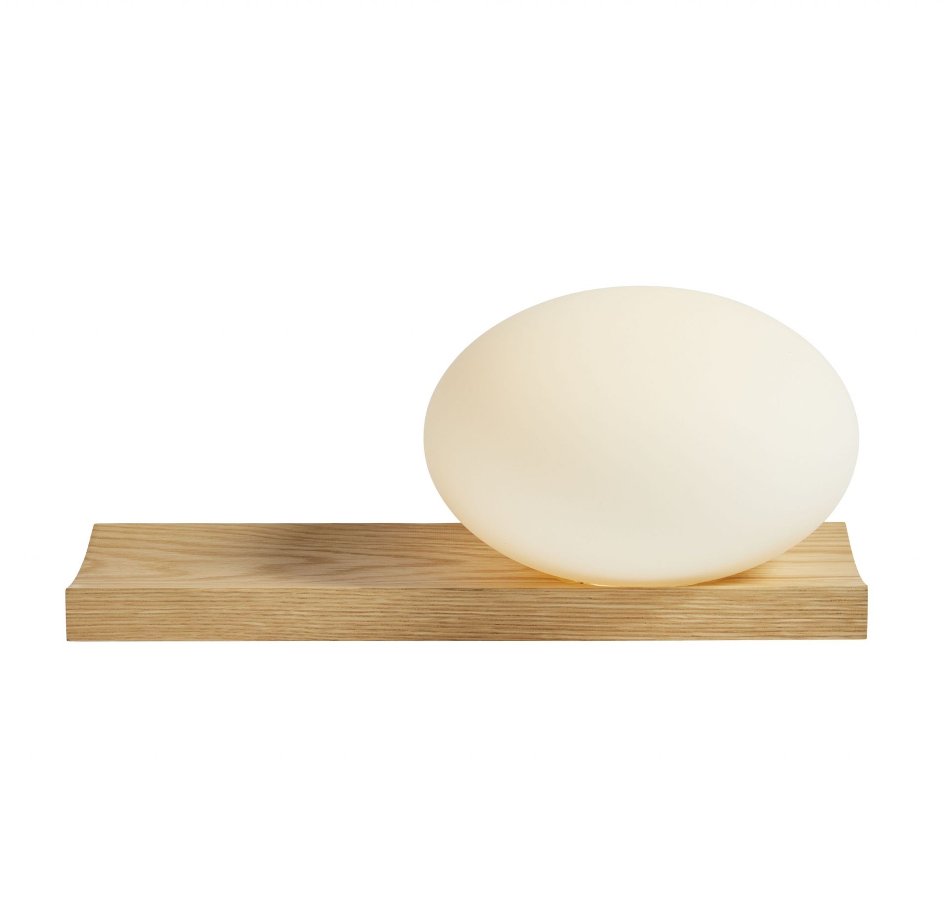 Woud Dew Tischleuchte: Runde, weiße Lampe auf einem rechteckigen Holzsockel. Moderne Beleuchtung.