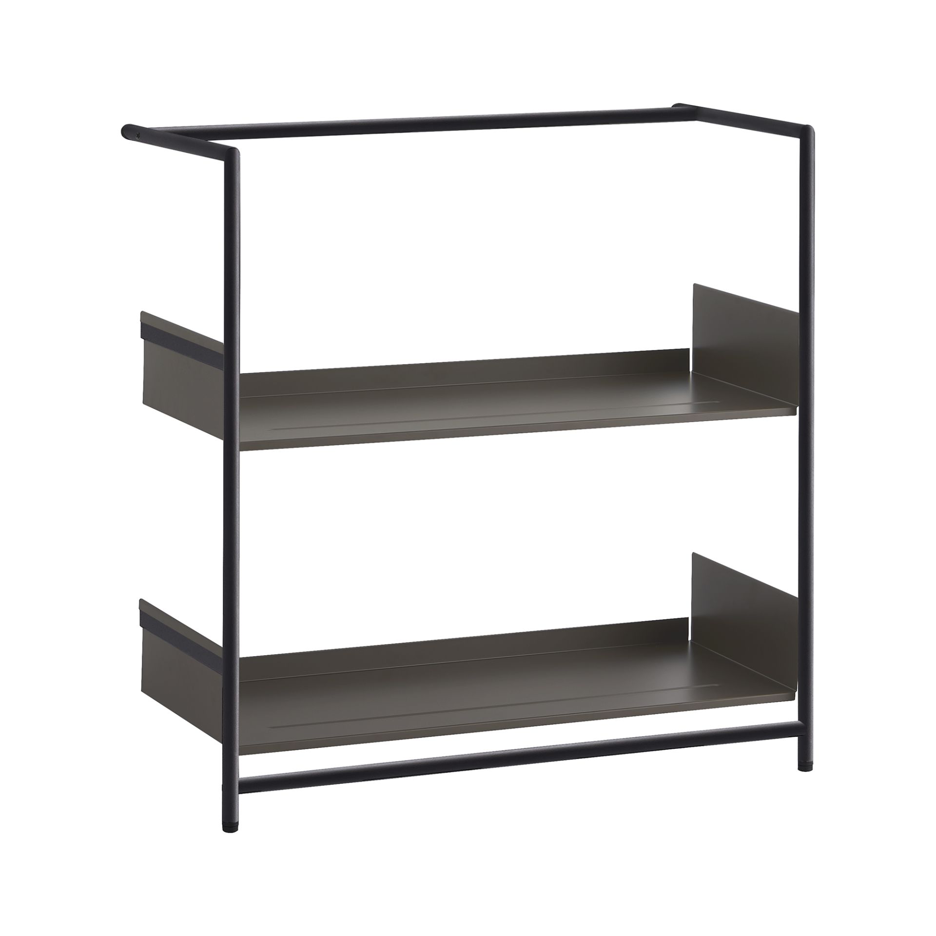 Pool 82 Regal von Mox, ein modernes Anlehnregal oder Schuhregal mit zwei Ablageflächen in Braun.