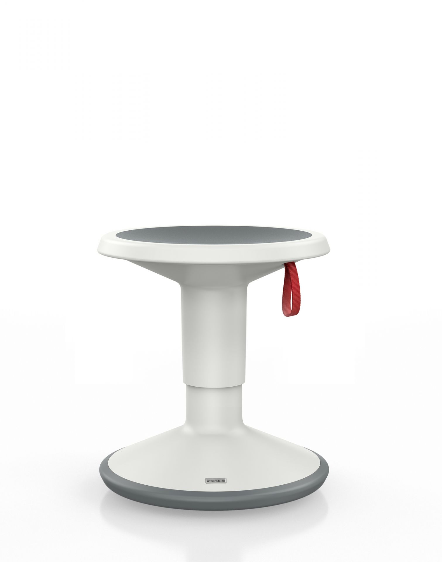 Interstuhl UP Junior Edition Kinderhocker in Grauweiß: Ergonomischer, höhenverstellbarer Hocker für Kinder, mit roter Schlaufe.