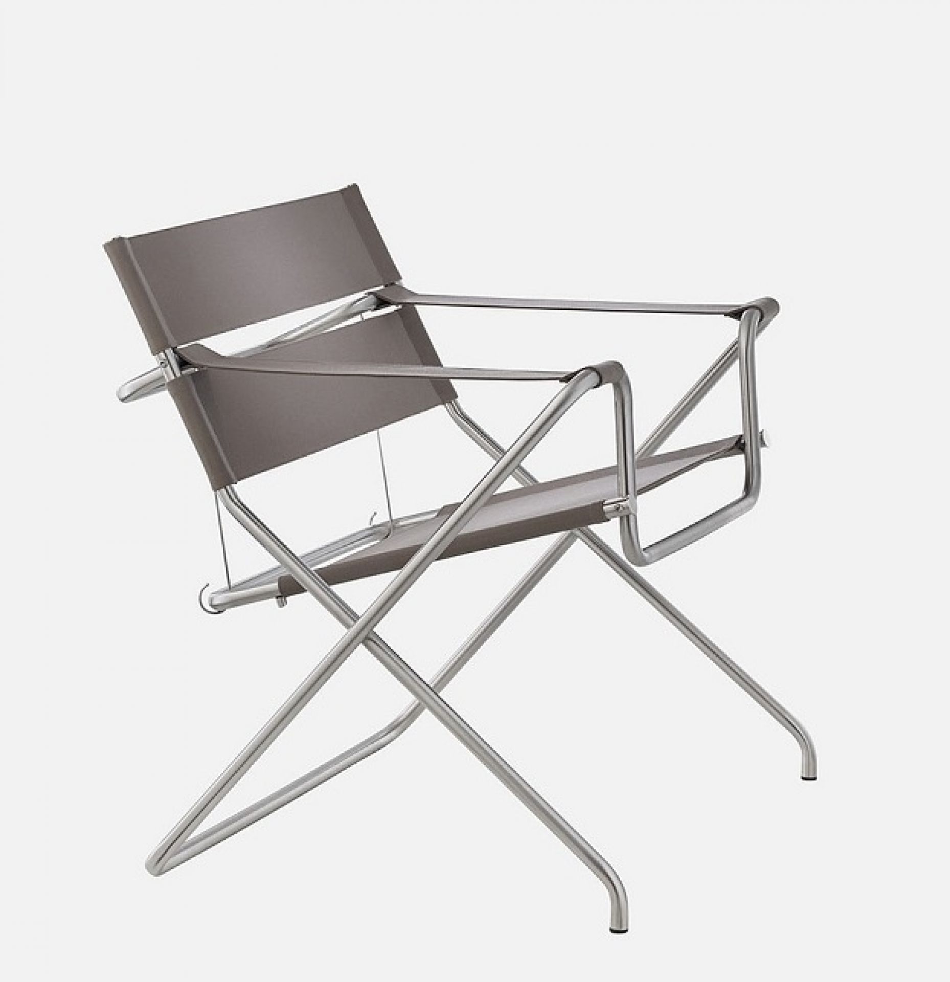 D4 Bauhaus Faltsessel in Schlamm: Moderner Sessel mit Stahlrohrgestell und schlammfarbenem Bezug.