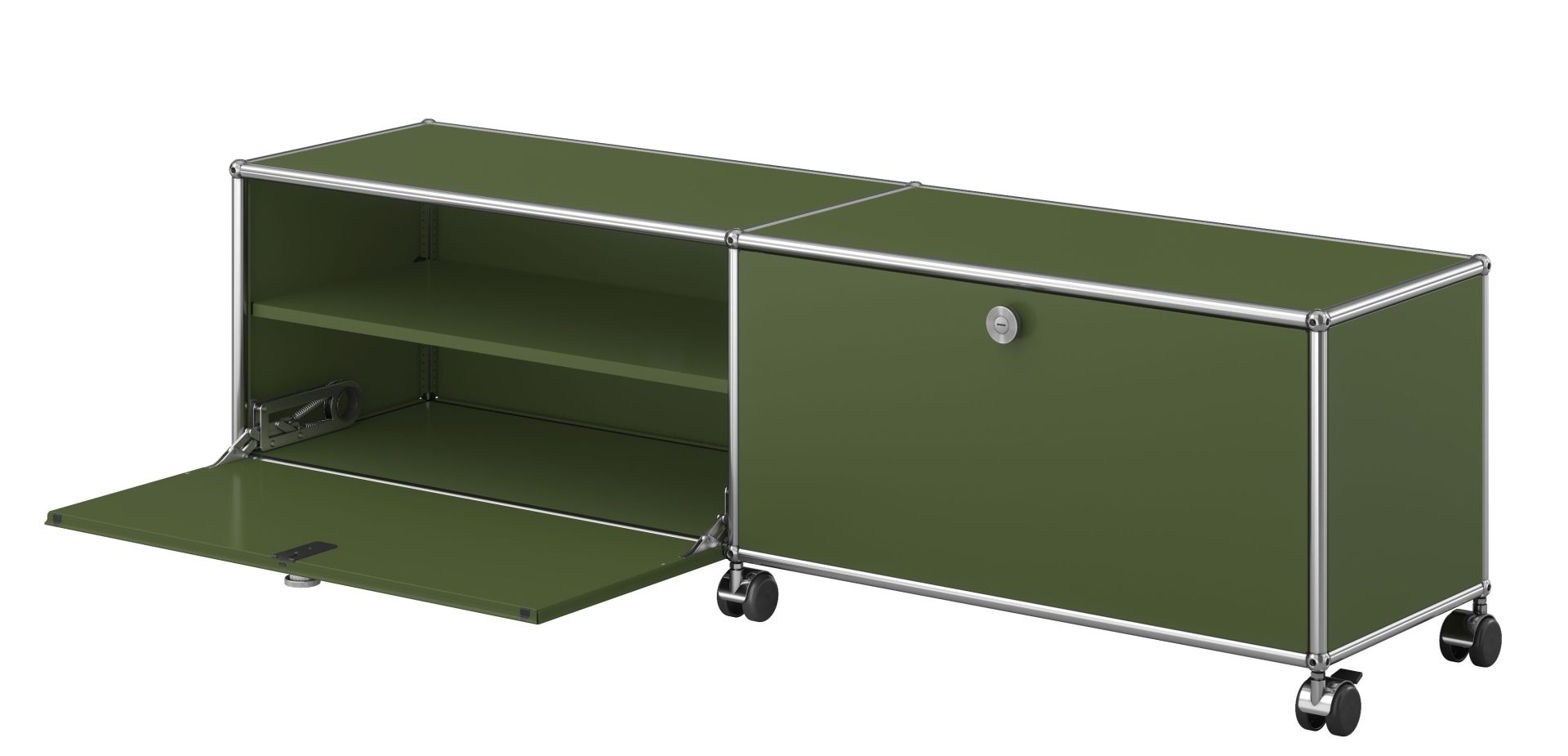 USM Haller Meuble TV/Hi-Fi bas M61 sur roulettes avec 2 portes à charnières Vert olive