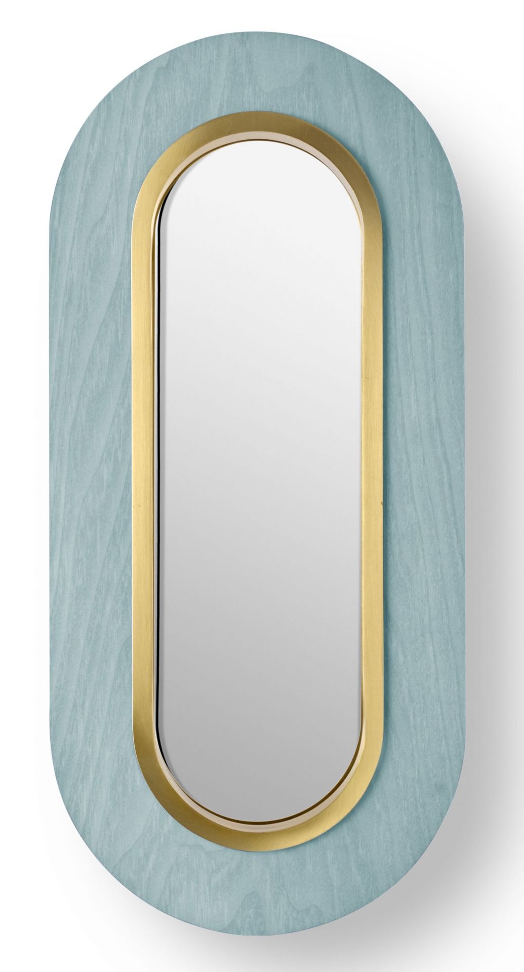 Lens LED Wandleuchte mit ovalem Goldring und meeresblauem Holzrahmen von LZF Lamps.