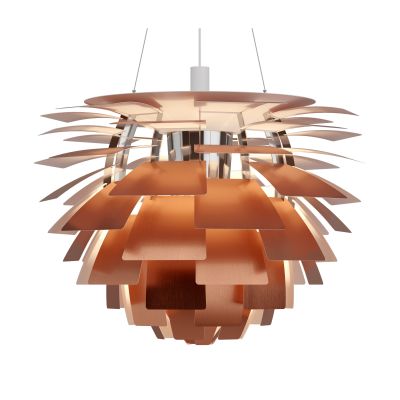 Nahaufnahme der PH Artichoke Pendelleuchte von Louis Poulsen, Kupfer, modernes Design.