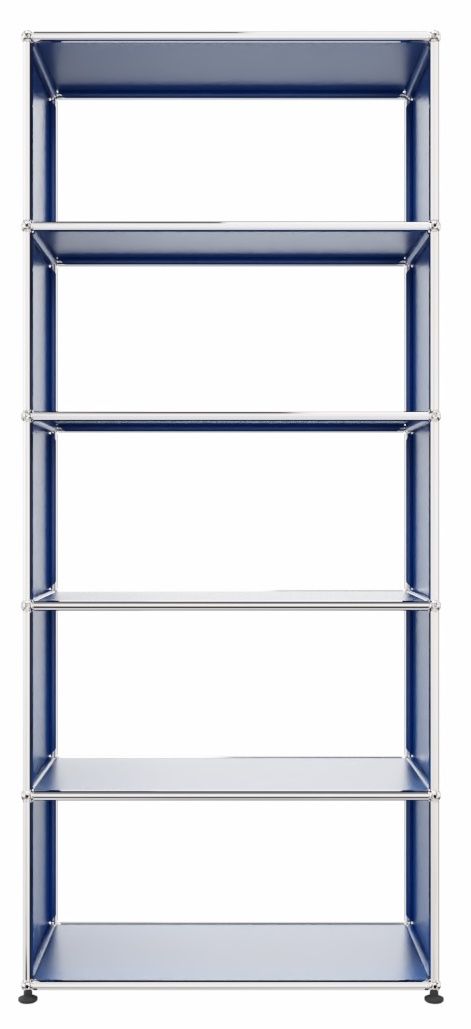 USM Haller Regal in Enzianblau mit fünf Fächern und verchromtem Gestell, modernes Design.