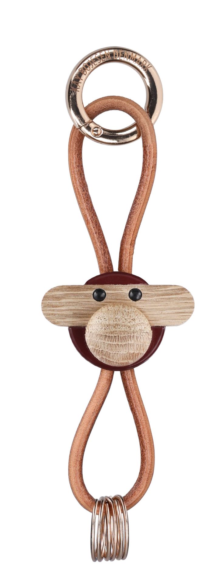 Porte-clés Monkey Bordeaux métal doré et cuir naturel Kay Bojesen