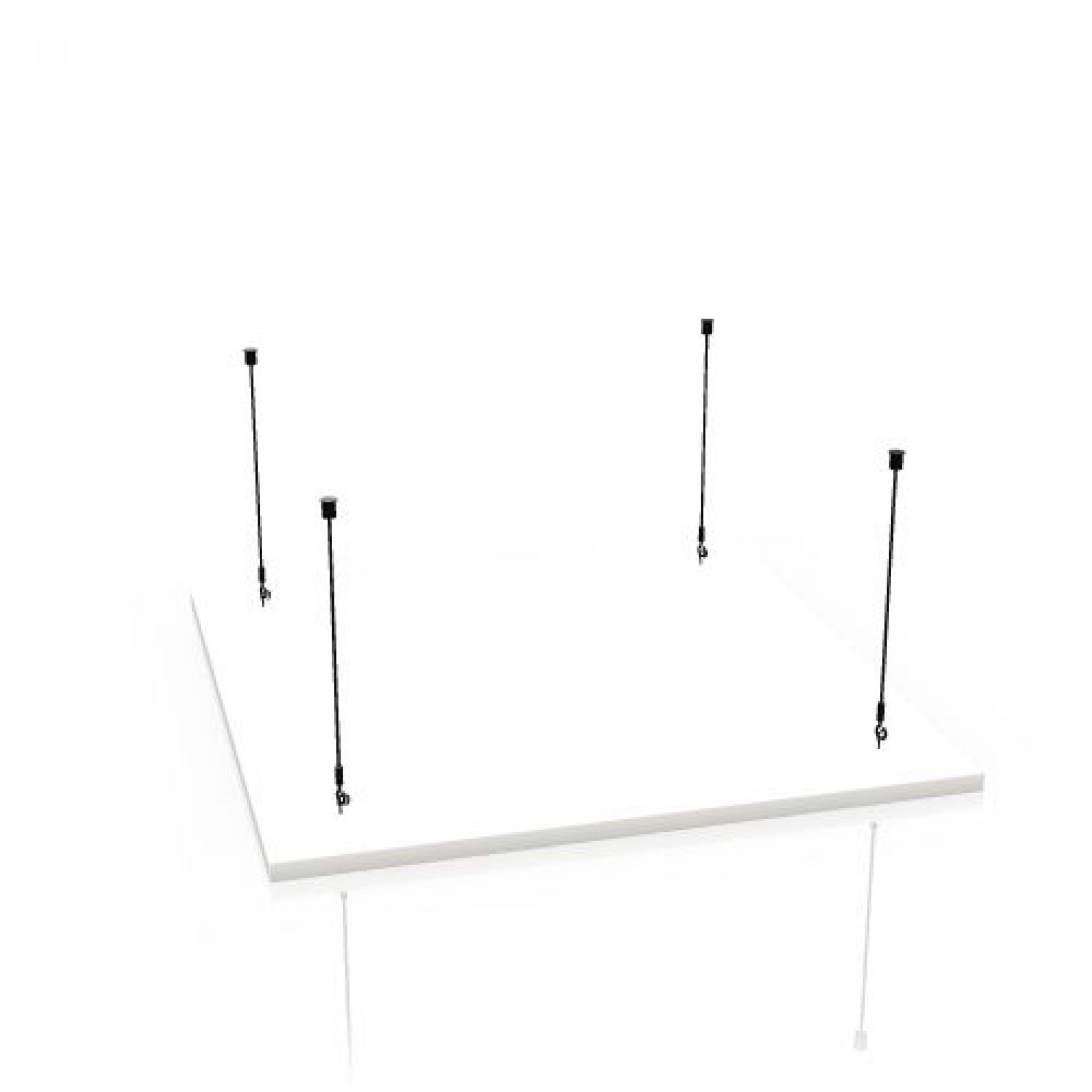 Terio Plus Akustik Panel von Palmberg, weiße, horizontale Schallabsorber-Decke mit vier schwarzen Aufhängungen.