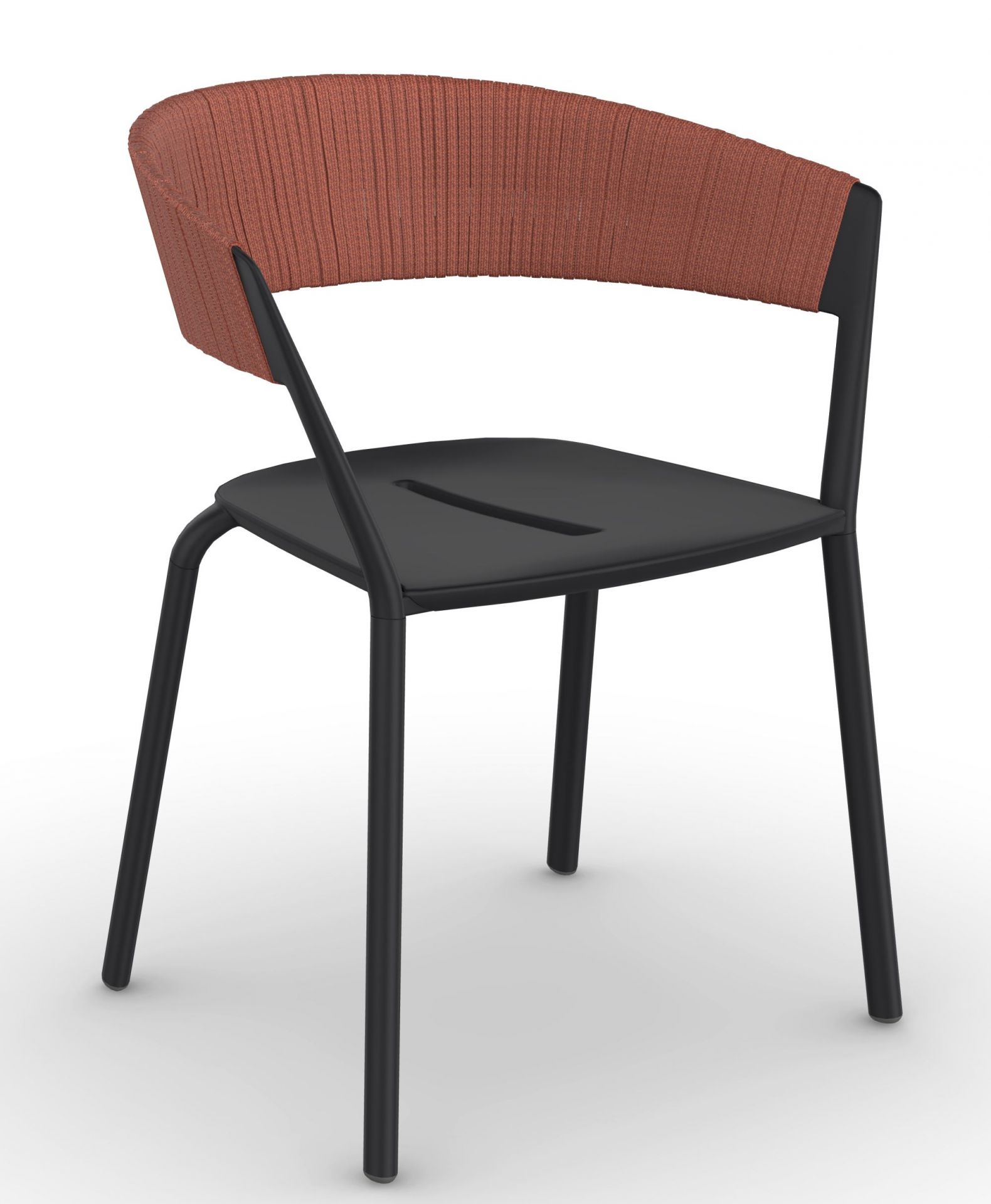 Ria Stuhl mit schwarzem Gestell und geflochtener Rückenlehne in Terrakotta, modernes Design für Esszimmer.