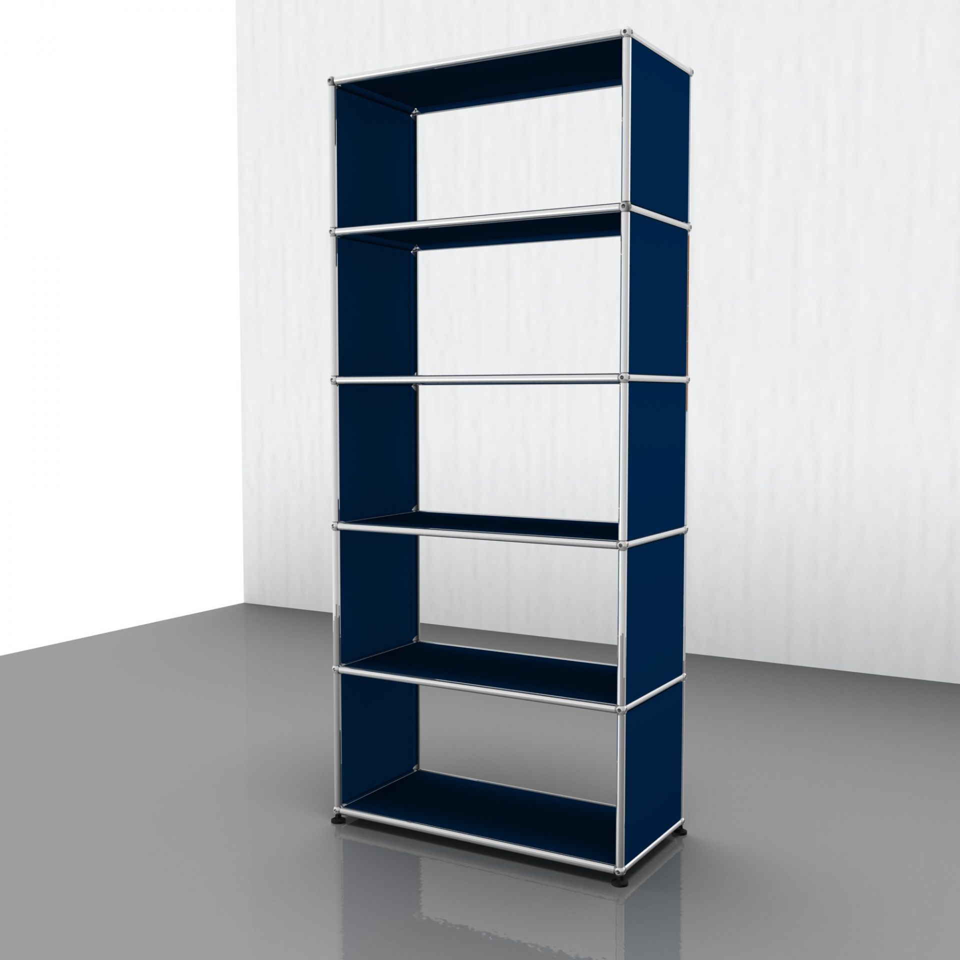 USM Haller Regal in Enzianblau mit fünf Fächern, modernes modulares Design für stilvolle Aufbewahrung.