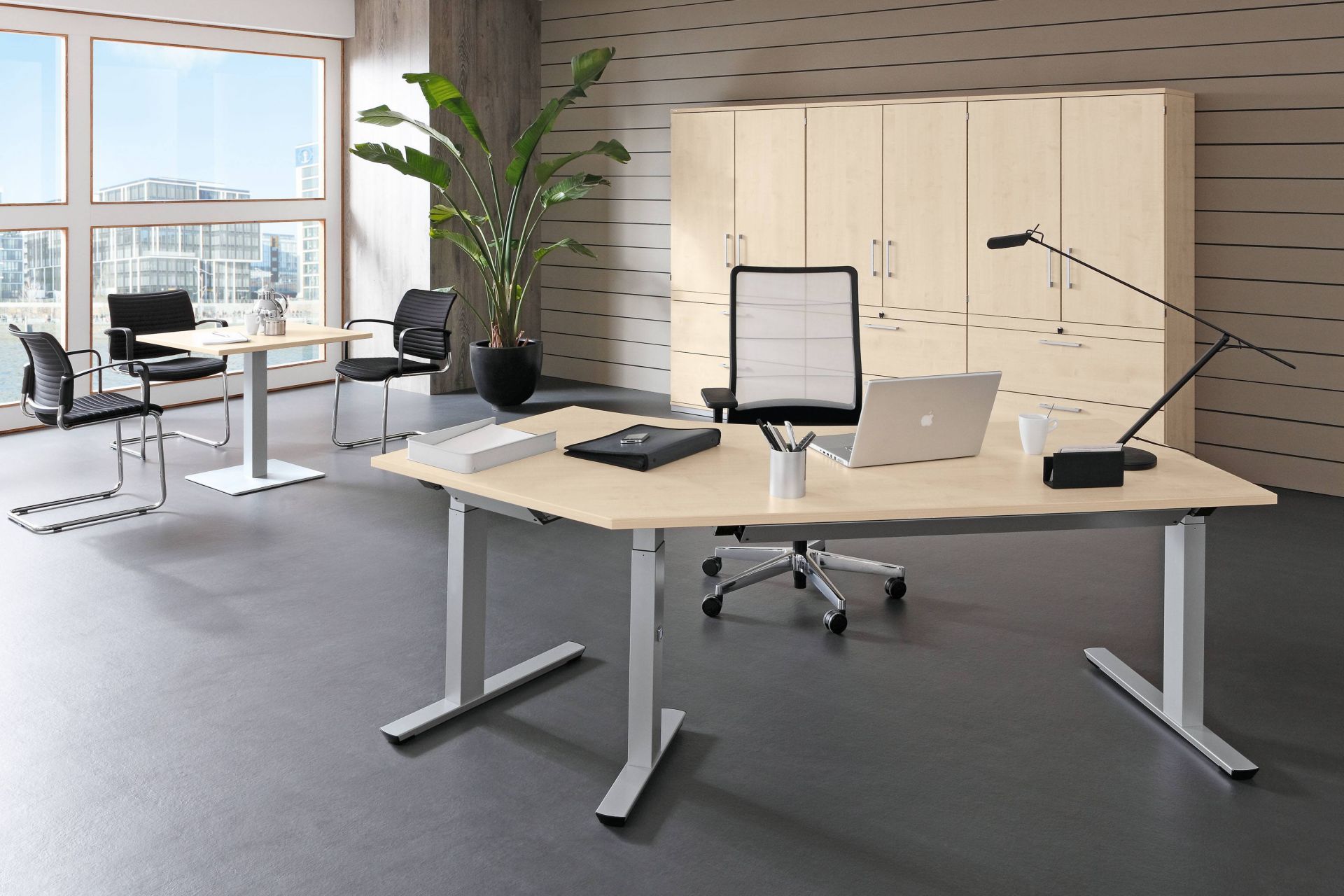 Büro mit Palmberg Crew Schreibtisch, höhenverstellbar, mit Büromöbeln und Büropflanze für ergonomisches Arbeiten.