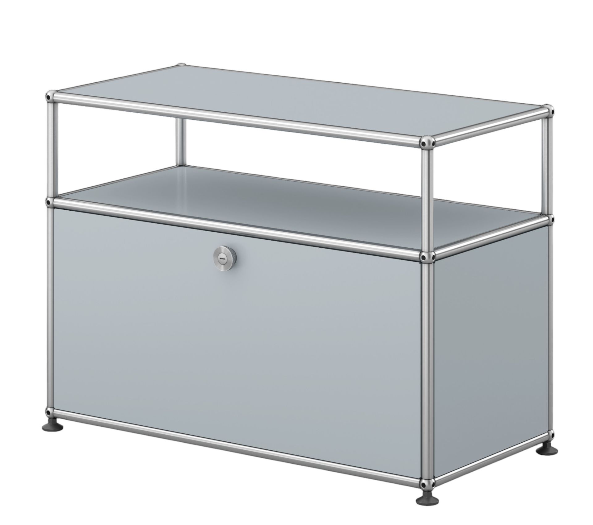 USM Haller Beistelltisch in lichtgrau mit einer Klappe und verchromtem Gestell für Wohnzimmer und Büro.