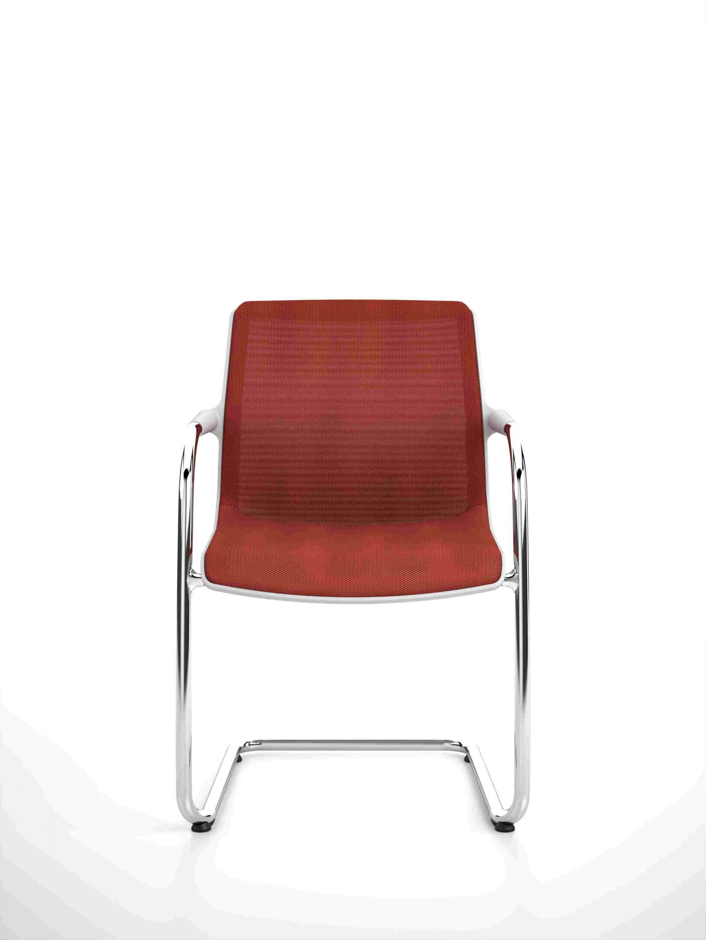 Vitra Unix Freischwinger Stuhl mit roter Netzbespannung und verchromtem Gestell, nicht stapelbar, für Büro und Konferenz.