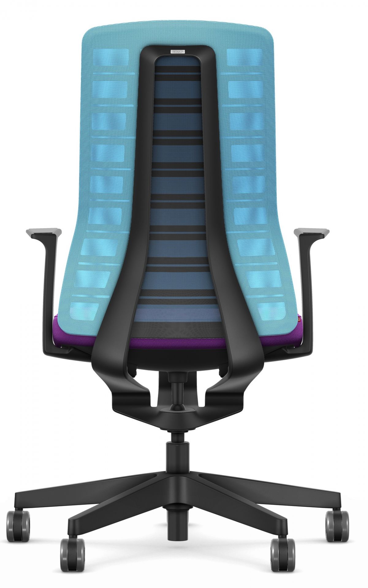 Rückansicht des hellblau-lila Interstuhl Bürostuhls mit Netzrücken und schwarzem Fußkreuz.