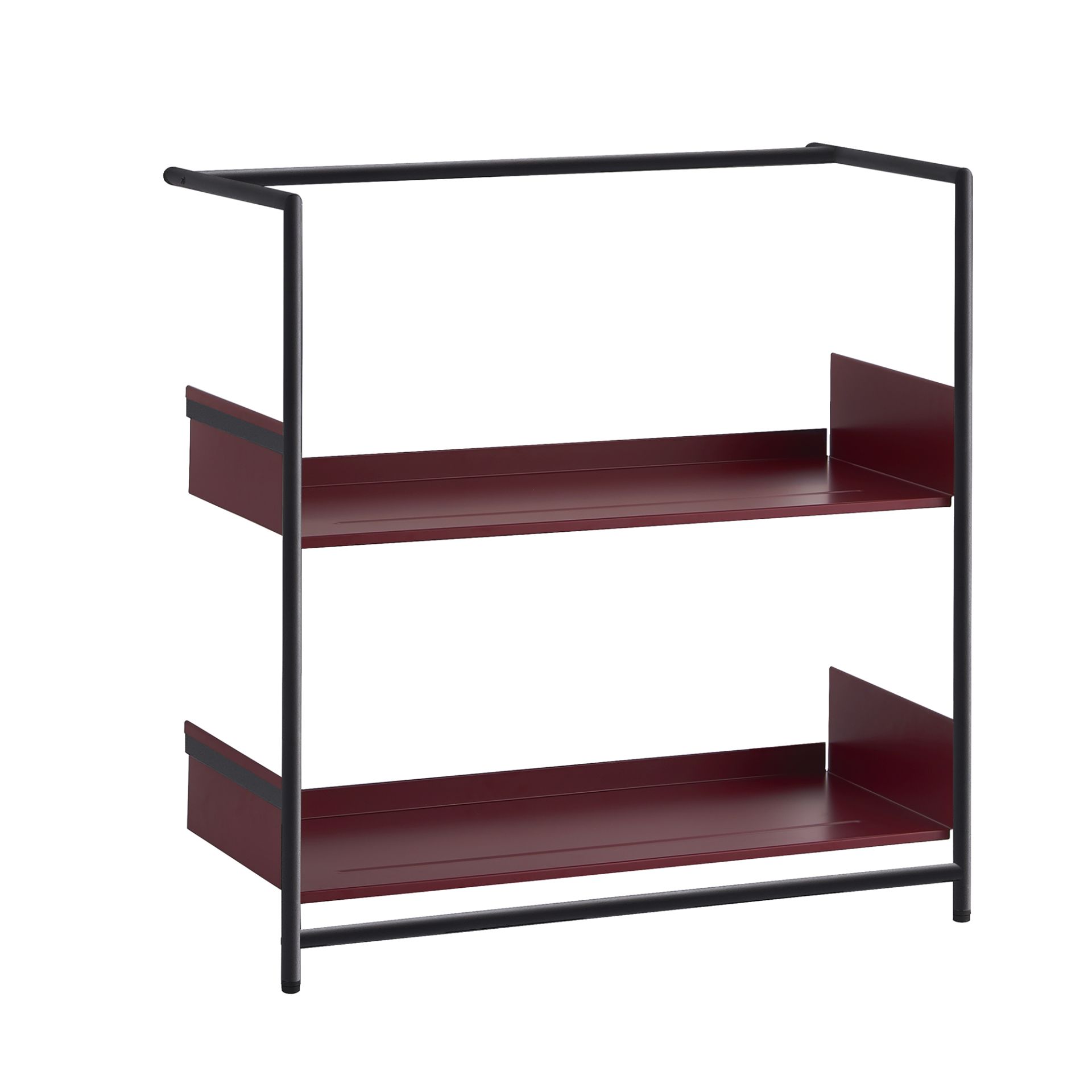 Pool 82 Regal von Mox: Anlehnregal / Schuhregal mit zwei bordeauxroten Ablageflächen und schwarzem Metallgestell.