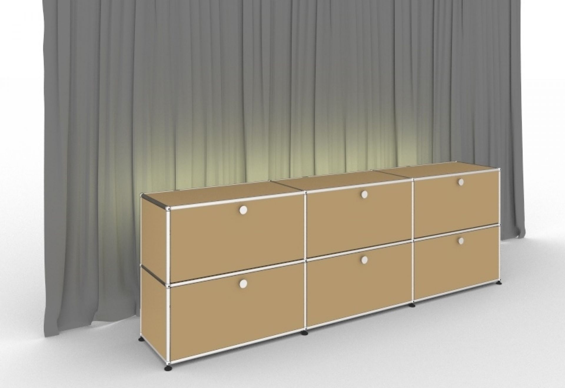 Beiges USM Haller Sideboard mit Beleuchtung und sechs Klapptüren, modernes modulares Design.