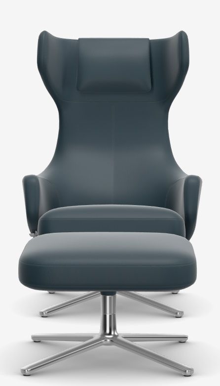 Grand Repos Fauteuil + Ottoman Basse / CUIR PREMIUM AVEC LIGNE CONTRASTE BLEU FUME Vitra OFFRE SPECIALE