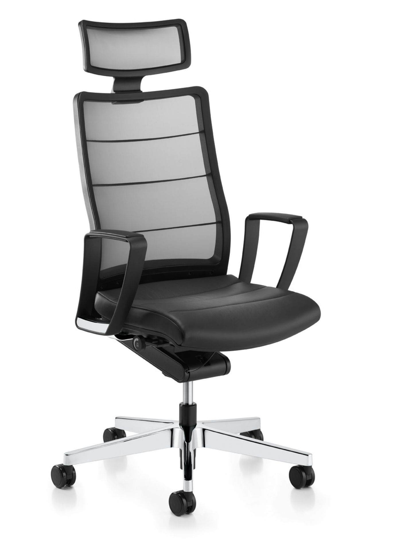 AirPad Drehstuhl von Interstuhl mit Kopfstütze, schwarzem Leder und Netzrücken. Bürostuhl für ergonomisches Sitzen.