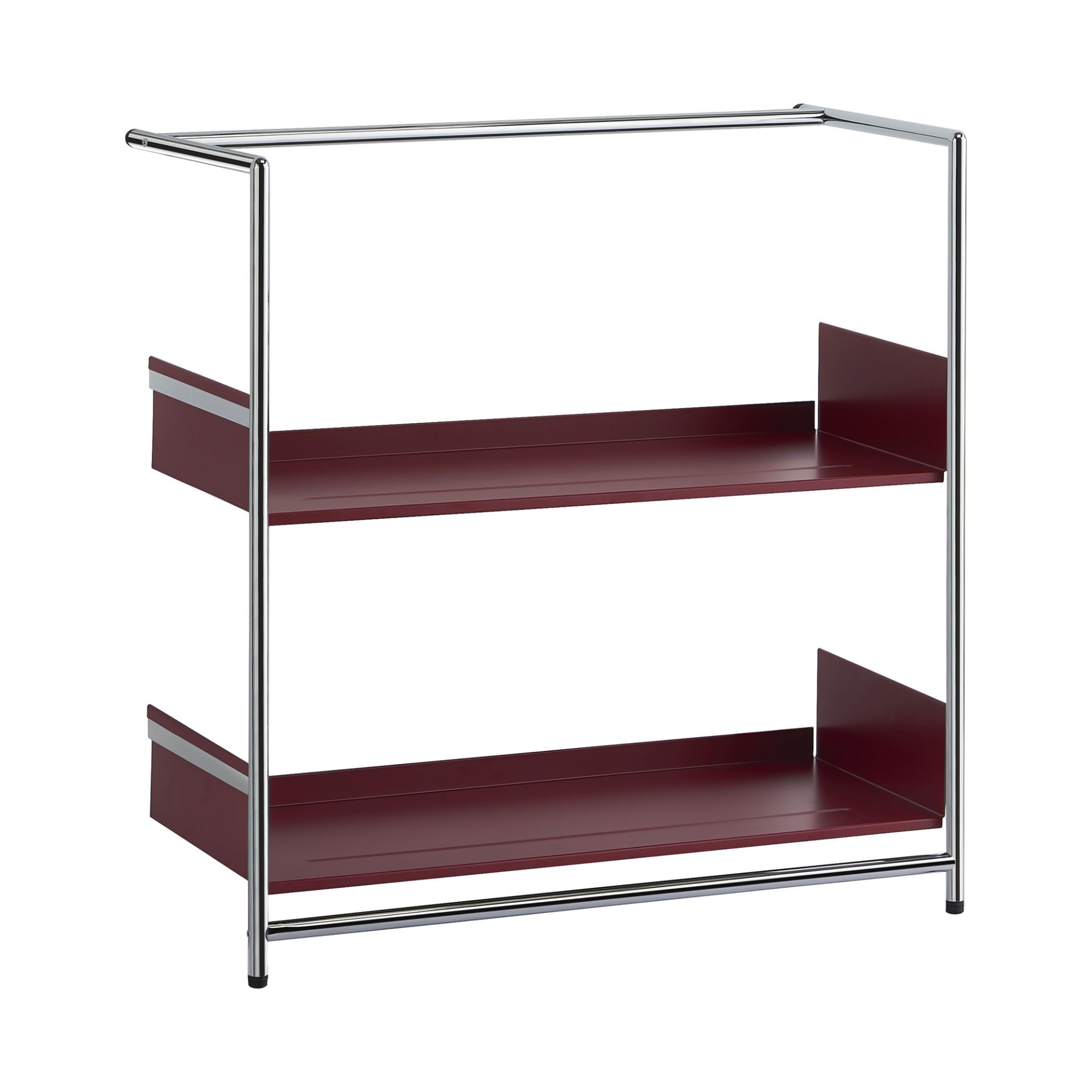 Pool 82 Regal von Mox, Anlehnregal mit zwei roten Ablageflächen und verchromtem Stahlgestell.