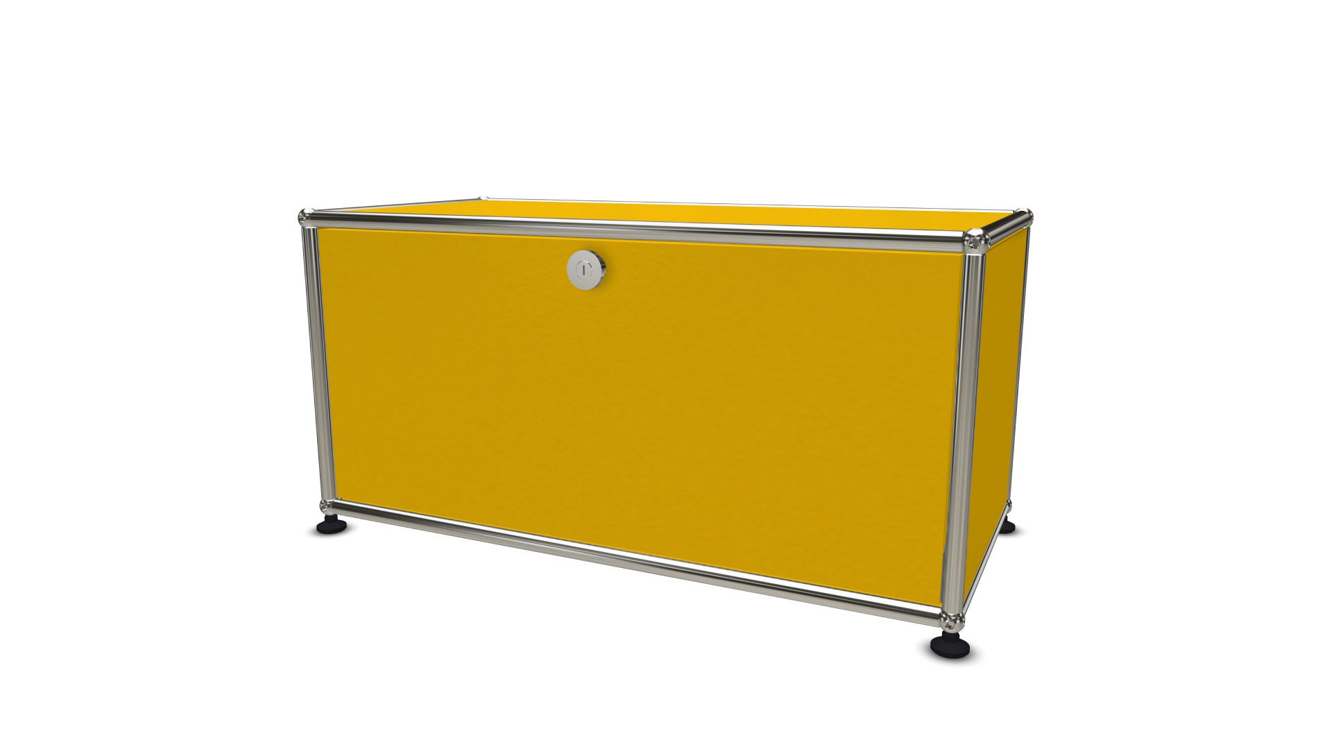 Gelbes USM Haller Lowboard mit einer Klappe, modernes Designmöbel für Wohnzimmer und Büro.