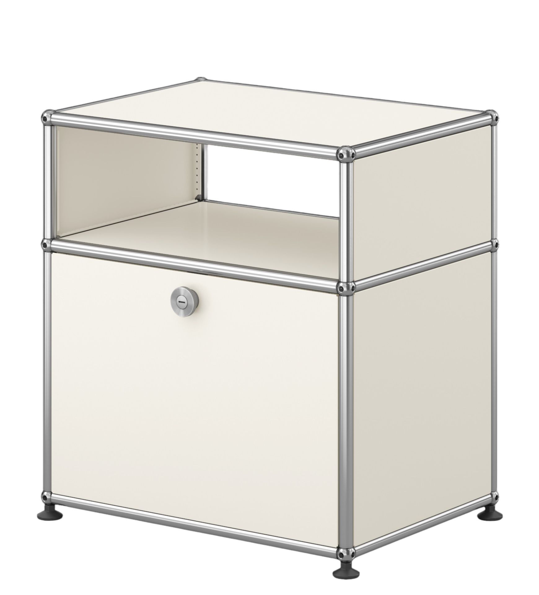 USM Haller Nachttisch in Reinweiß mit Klapptür, modernes Designmöbel für Schlafzimmer und Wohnbereich.