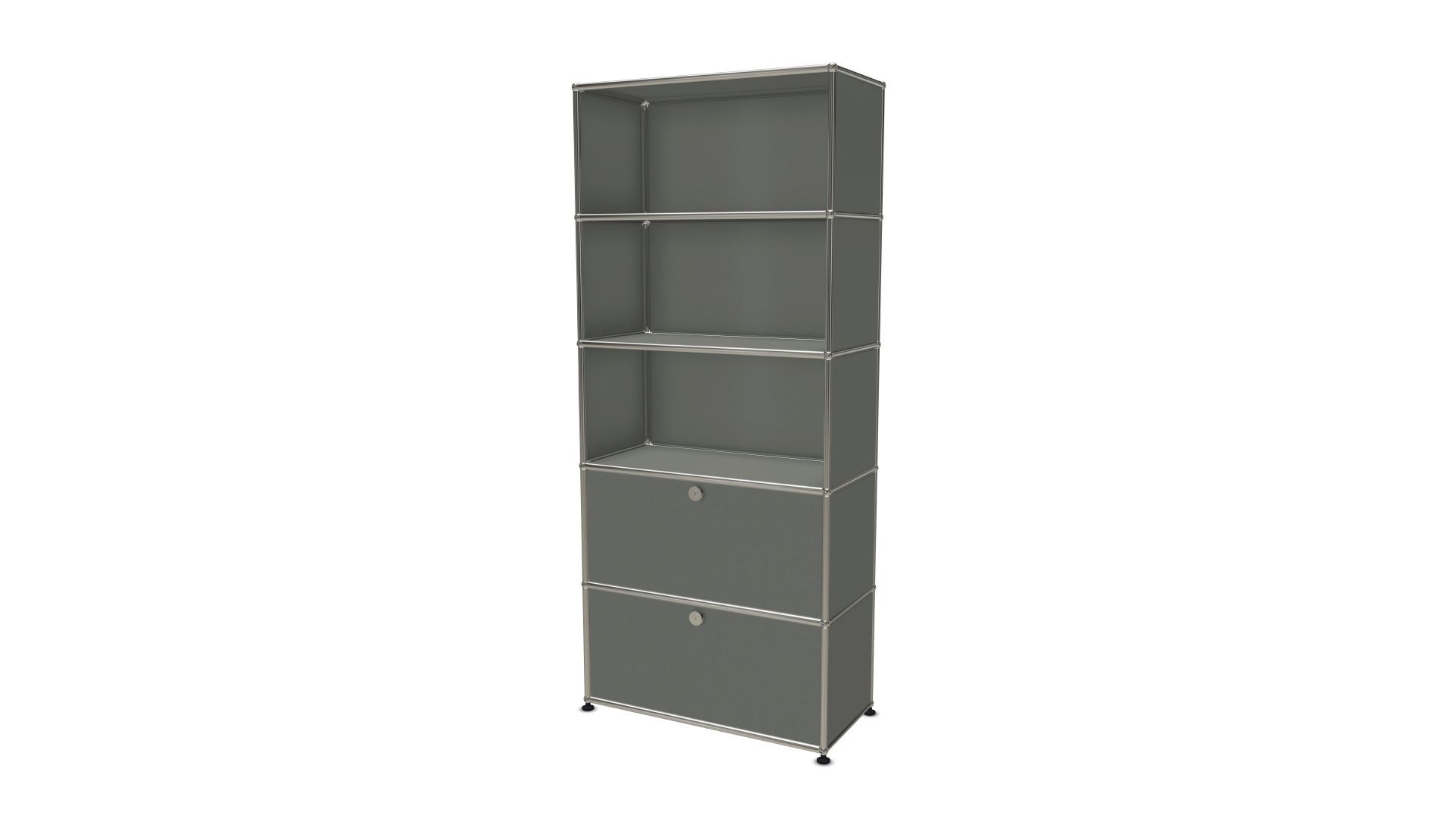 USM Haller Regal in Mittelgrau mit zwei Klappen und offenen Fächern, modernes Designmöbel.